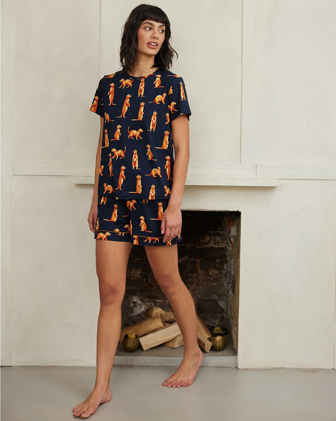 Soft Meerkat Print Short Sleeve Pajama Set for Women - Navy Blue Sleepwear for Summer & Lounge Wear