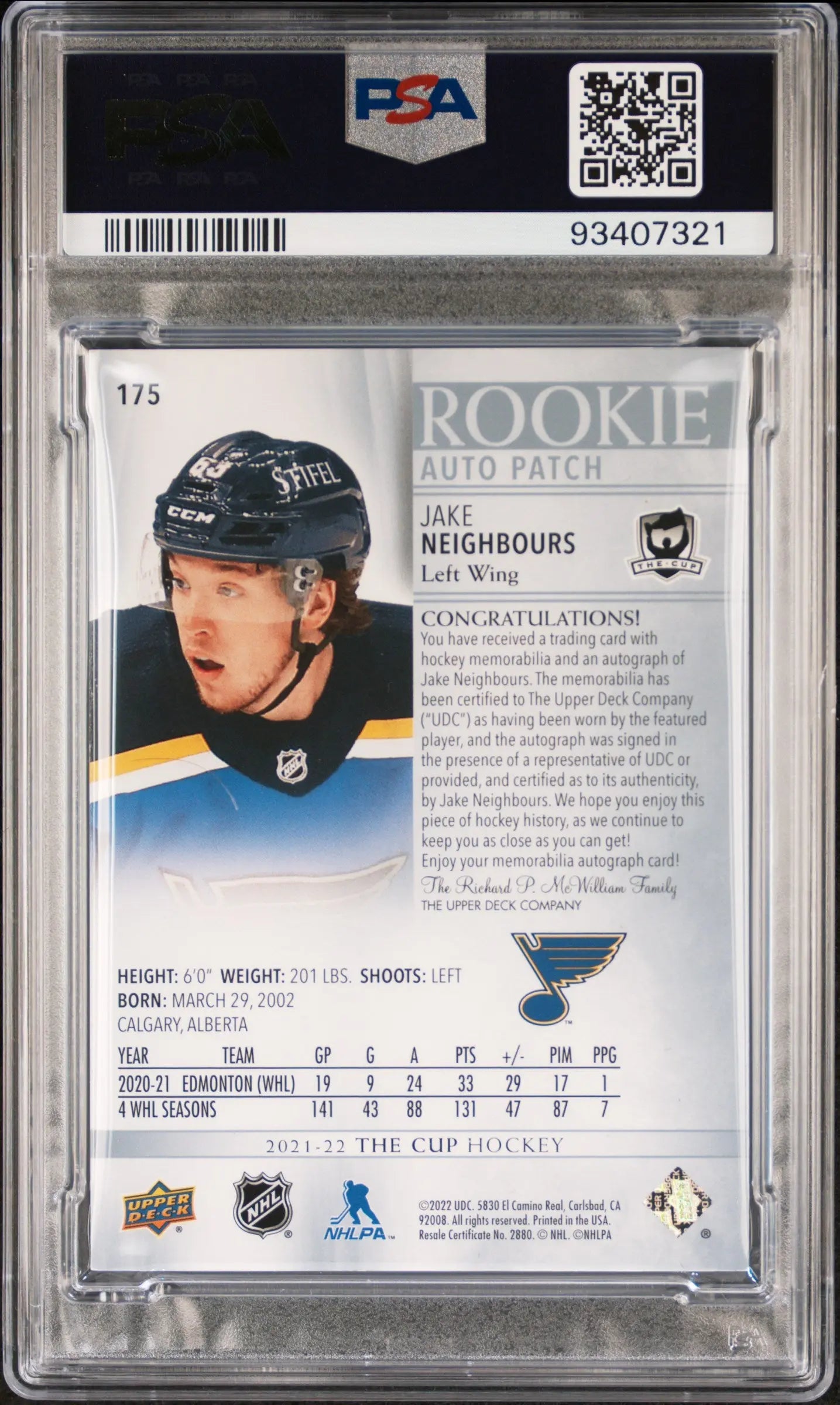 2021-22 Upper Deck The Cup Jake Neighbours Rookie Patch Autograph PSA 9 190/249 - Hockey Trading Card for Collectors & Sports Memorabilia Enthusiasts