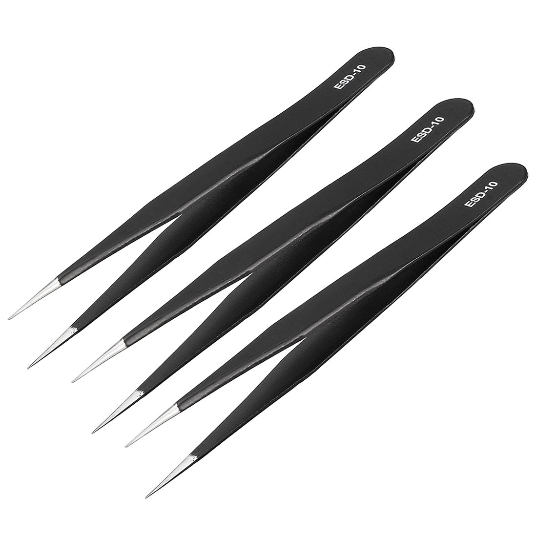uxcell ESD-10 Anti-Static Stainless Steel Non-Magnetic Tweezers Set - 3 Pack Straight Pointed Tip Precision Tools for Electronics Repair, Jewelry Making & Crafting (4.8 Inch Length)