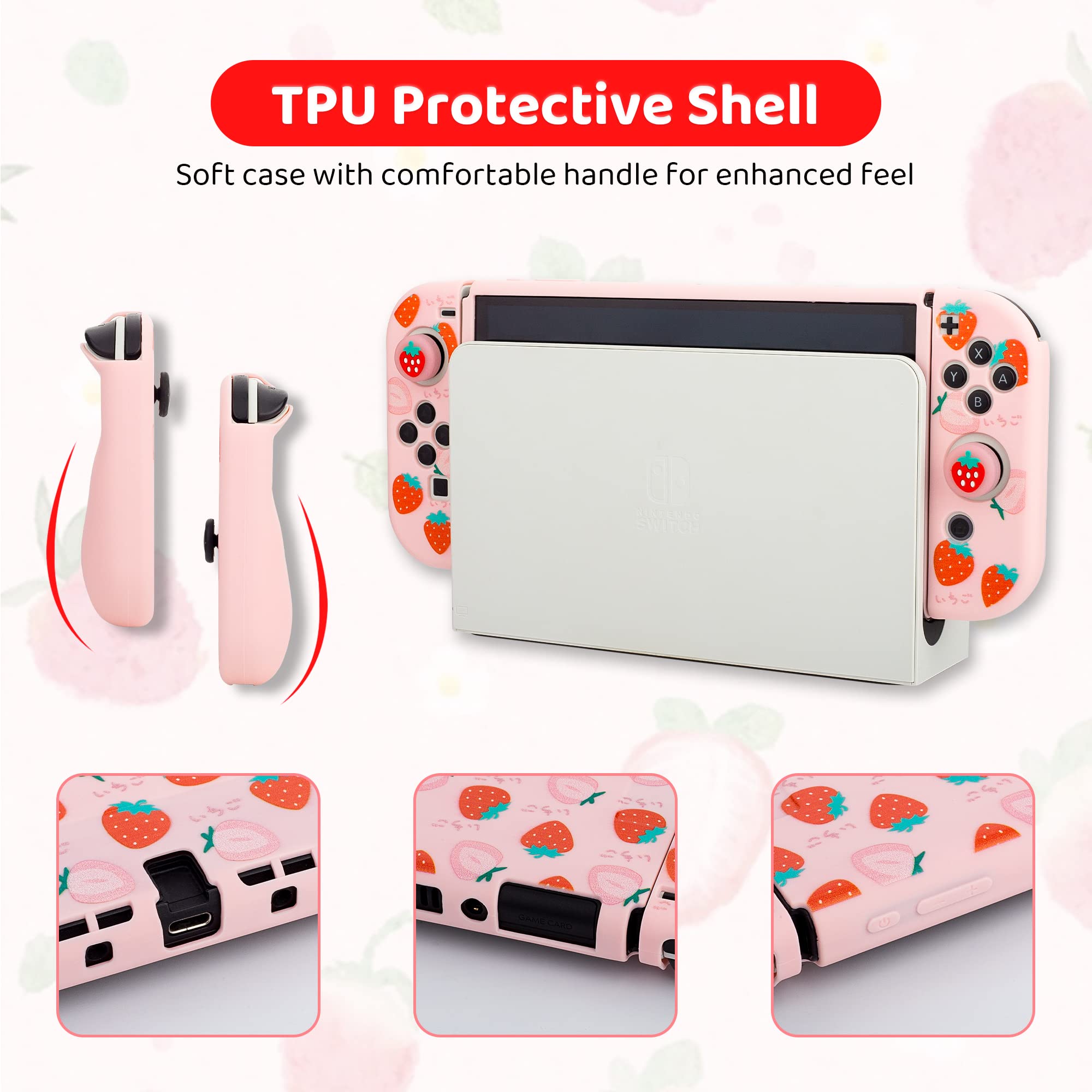 FUNDIARY Pink Strawberry Travel Carrying Case for Nintendo Switch OLED - Shockproof Storage Bag with Soft TPU Protective Case, Screen Protector, Shoulder Strap & 2 Thumb Caps | Portable Gaming Accessories Kit for Travel, Commuting & Outdoor Gaming