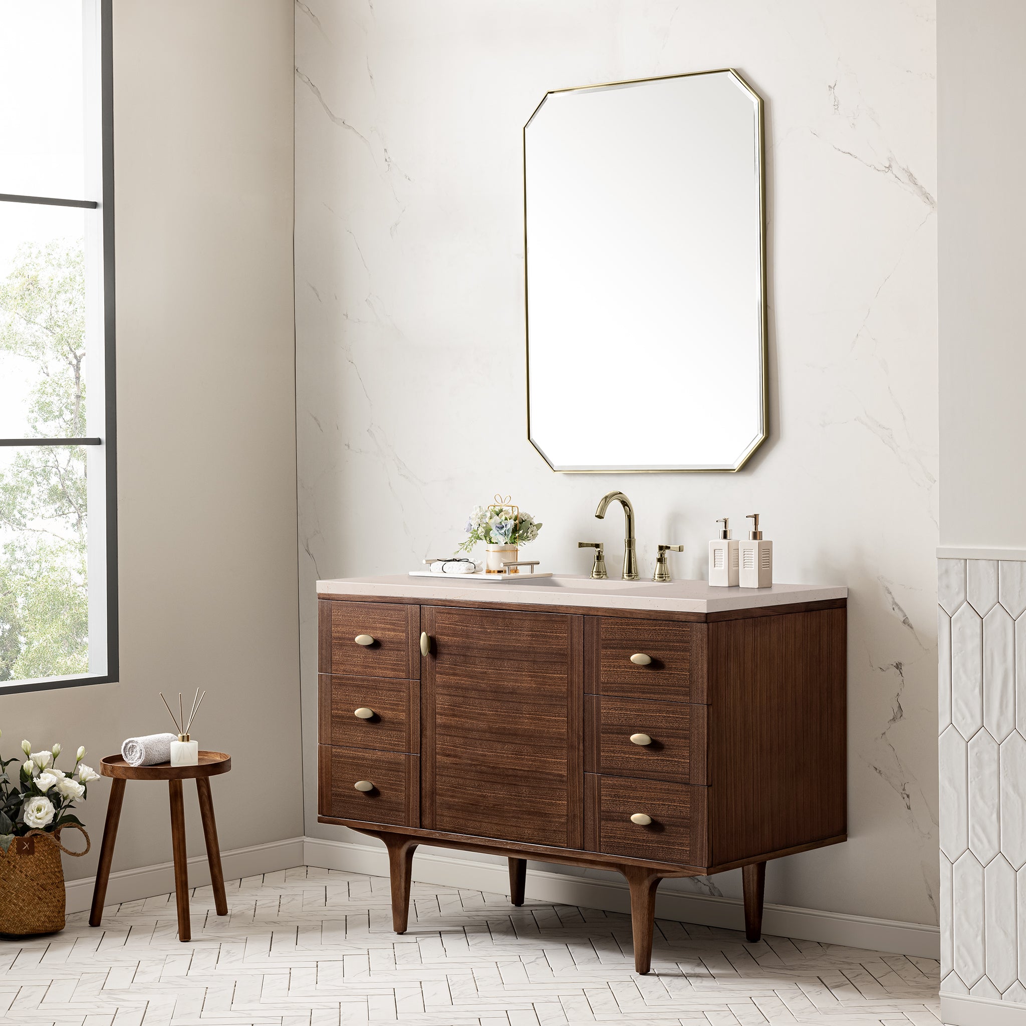 Amberly 48 Inch Single Bathroom Vanity with Mid-Century Modern Walnut Finish & 3CM Eternal Marfil Stone Top - Perfect for Master Bath, Guest Bath, or Powder Room Renovation
