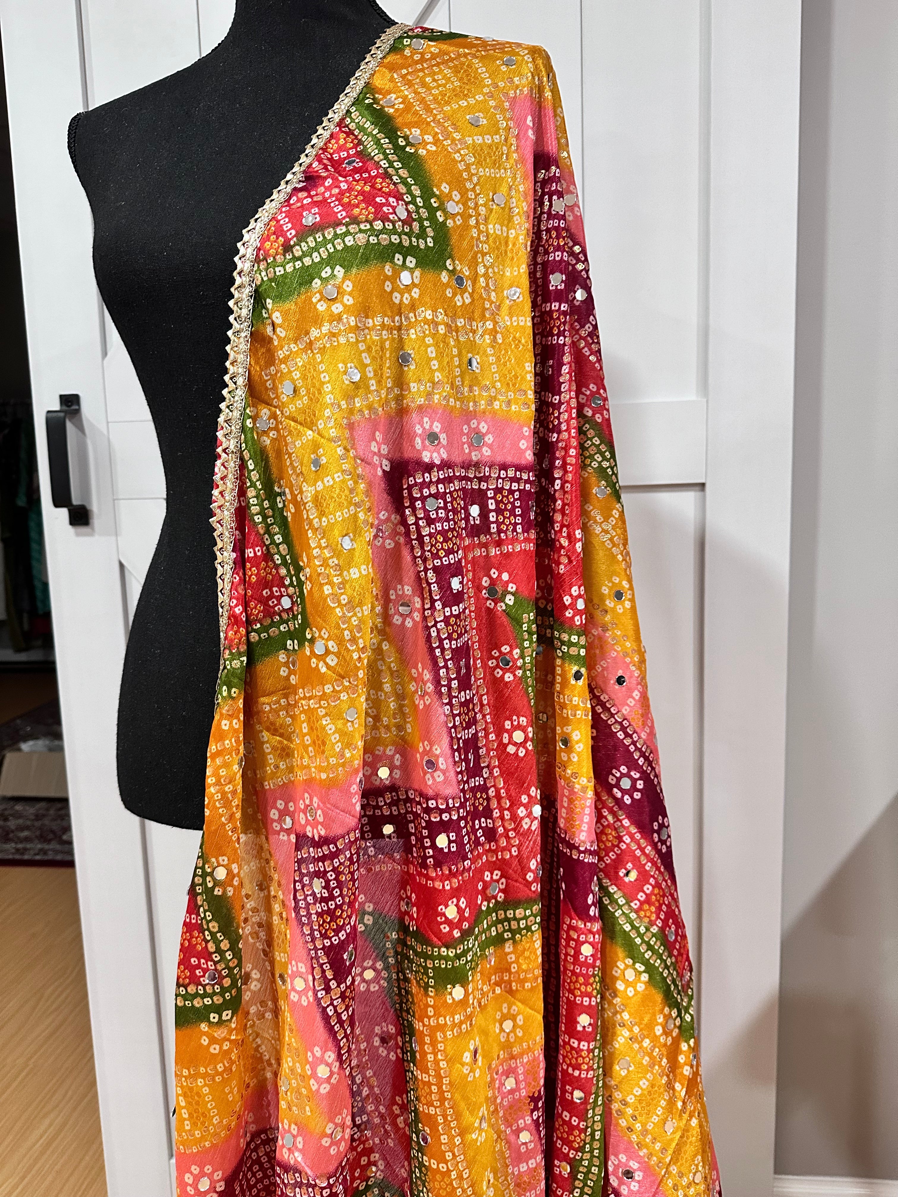 Phulkari Style Bandhini Print Dupatta Scarf - Traditional Indian Embroidered Shawl for Women - Perfect for Weddings, Parties & Ethnic Outfits