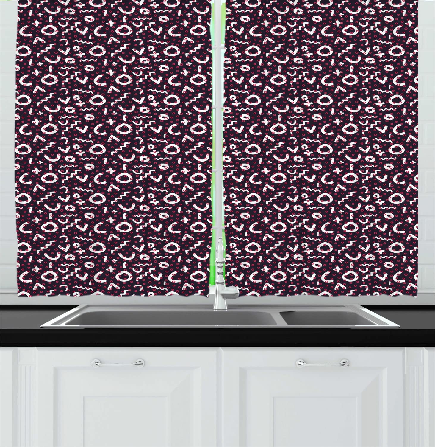 Ambesonne Abstract Long Kitchen Curtains - Geometric Memphis Art Style with Zigzags & Circles - Retro Minimalist Drapes with Rod Pocket - 55