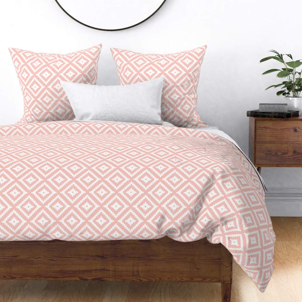 Soft Cotton Sateen Duvet Cover Full/Queen Size - Pink Woods Diamonds Geometric Trendy Nursery Blush Baby Girl Print Custom Bedding Set by Spoonflower | Perfect for Kids' Room, Baby Shower Gift & Cozy Bedroom Decor