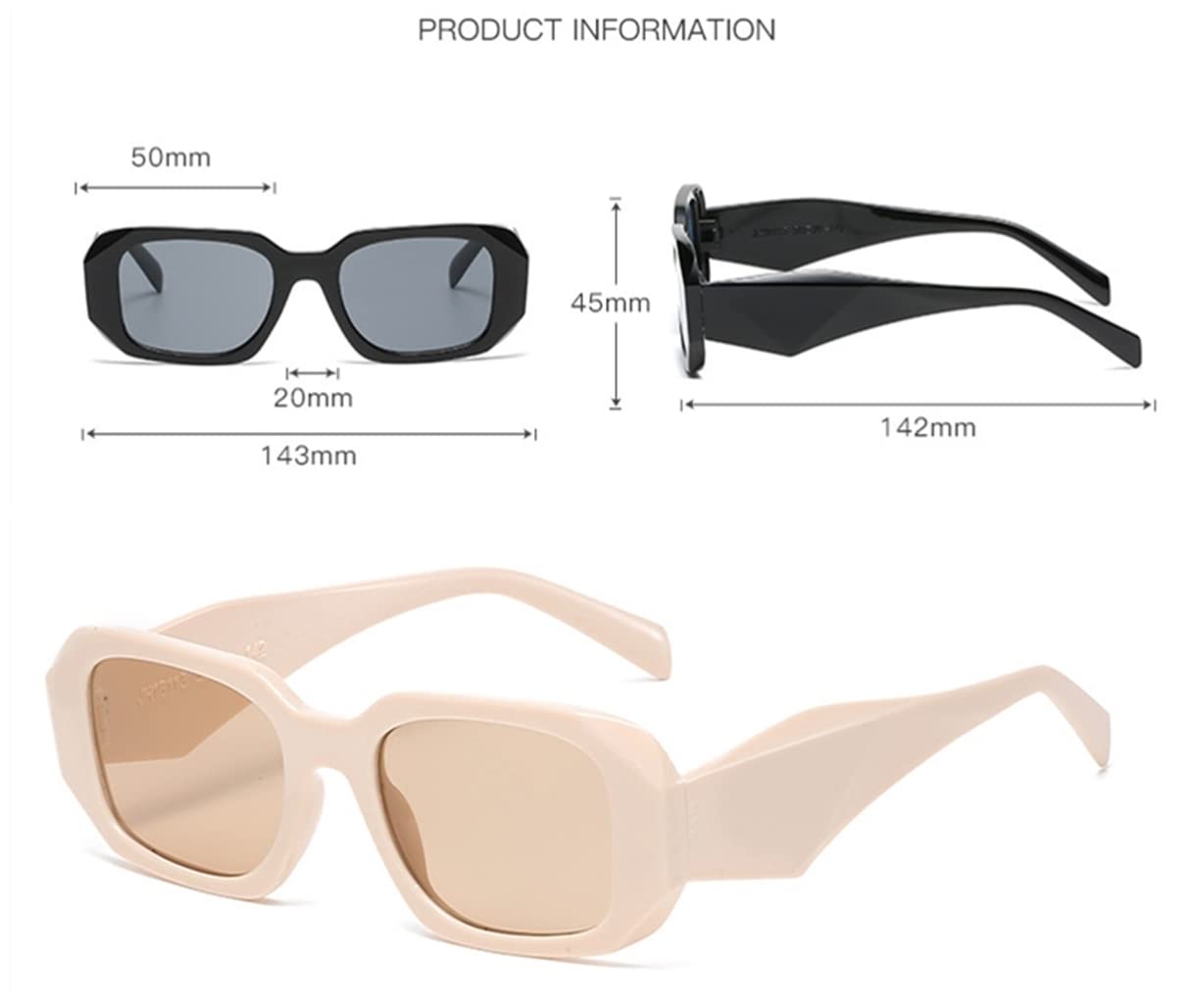 Retro 90s Rectangle Sunglasses for Women & Men - Trendy Square Frame Fashion Sunglasses - UV Protection Black Sun Glasses for Beach, Driving & Outdoor Activities
