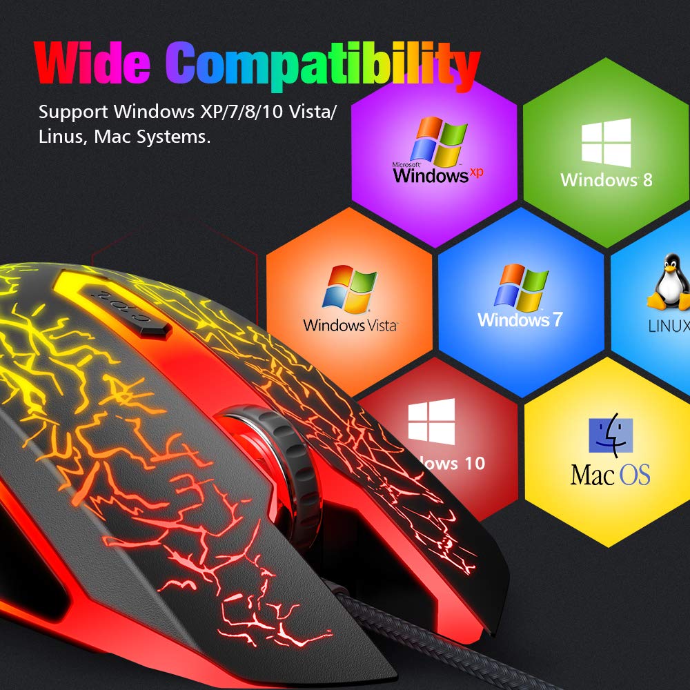 VersionTECH. Wired Gaming Mouse with RGB Backlit - Ergonomic Computer Mouse with 7 LED Lights, 6 Programmable Buttons & 4 Adjustable DPI for PC, Laptop, Chromebook, Mac - Perfect for FPS, MMO Gaming & Office Work (Black)