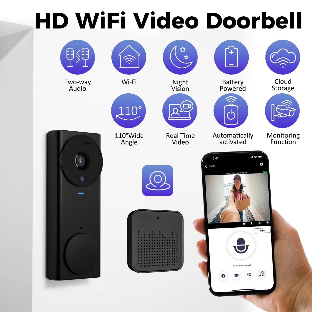 Smart Video Doorbell Wireless - 1080P HD Security Camera with Night Vision, 2-Way Audio, APP Remote Control & Free Cloud Storage - Rechargeable Battery for Home Security (Front Door, Apartment, Office)