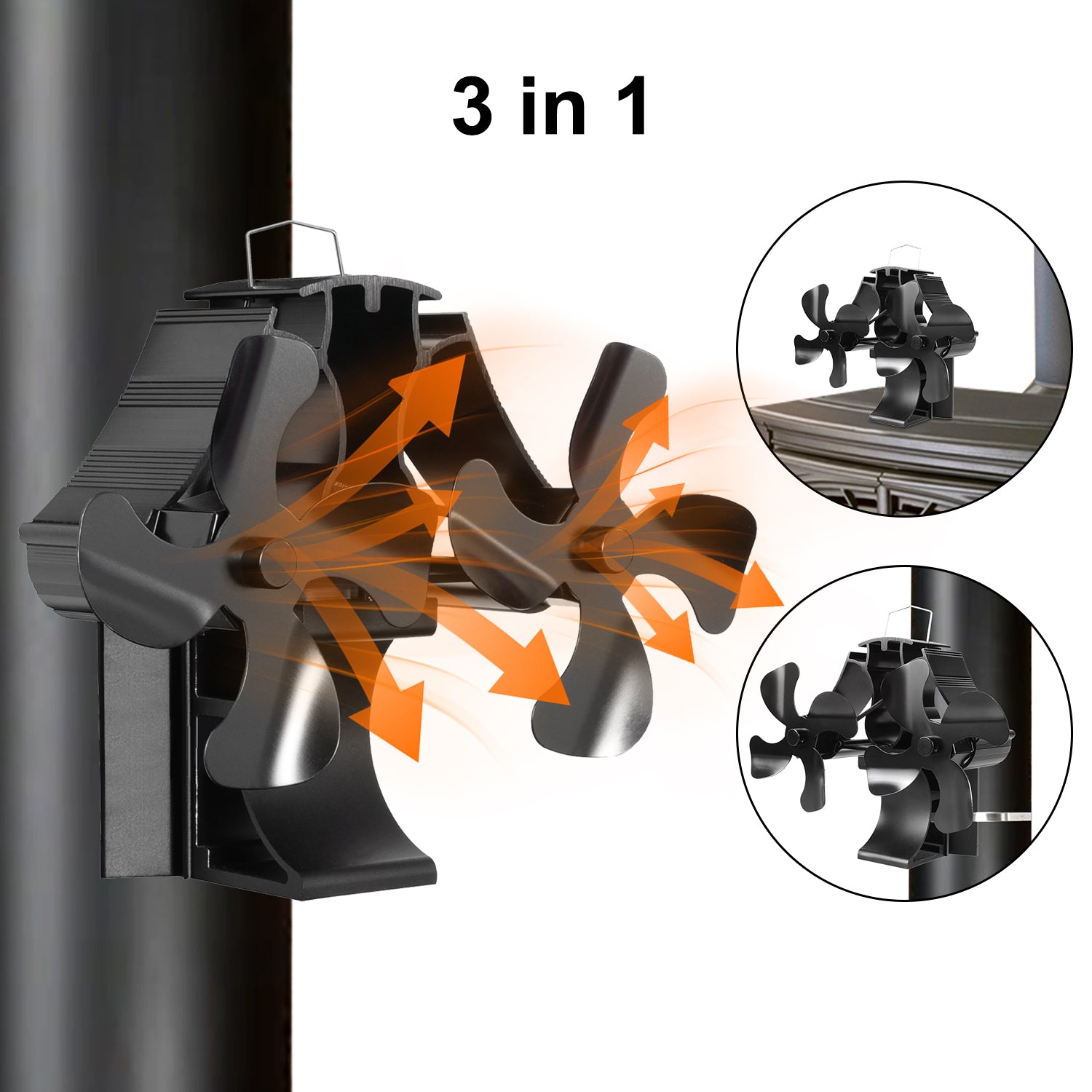 VODA Magnetic Wood Stove Fan - 3 in 1 No Power Required for Fireplace, Wood Stove & Stove Pipe - Perfect for Heating Efficiency & Home Comfort