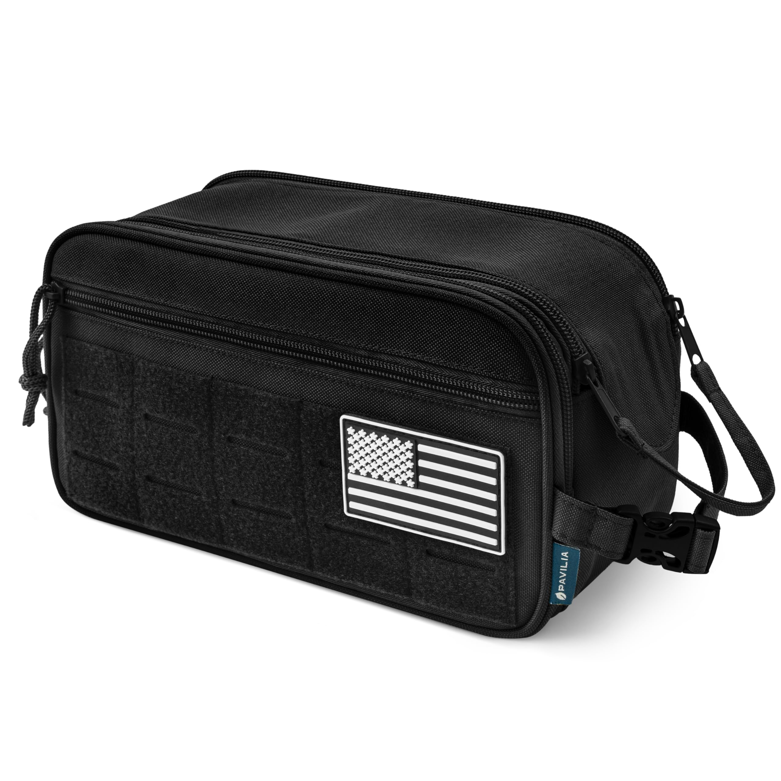 Pavilia Tactical Toiletry Bag for Men - Waterproof Military Dopp Kit with Molle Pouch | Travel Hygiene & Grooming Organizer for Shaving Essentials | Perfect for Camping, Gym & Business Trips (Black)