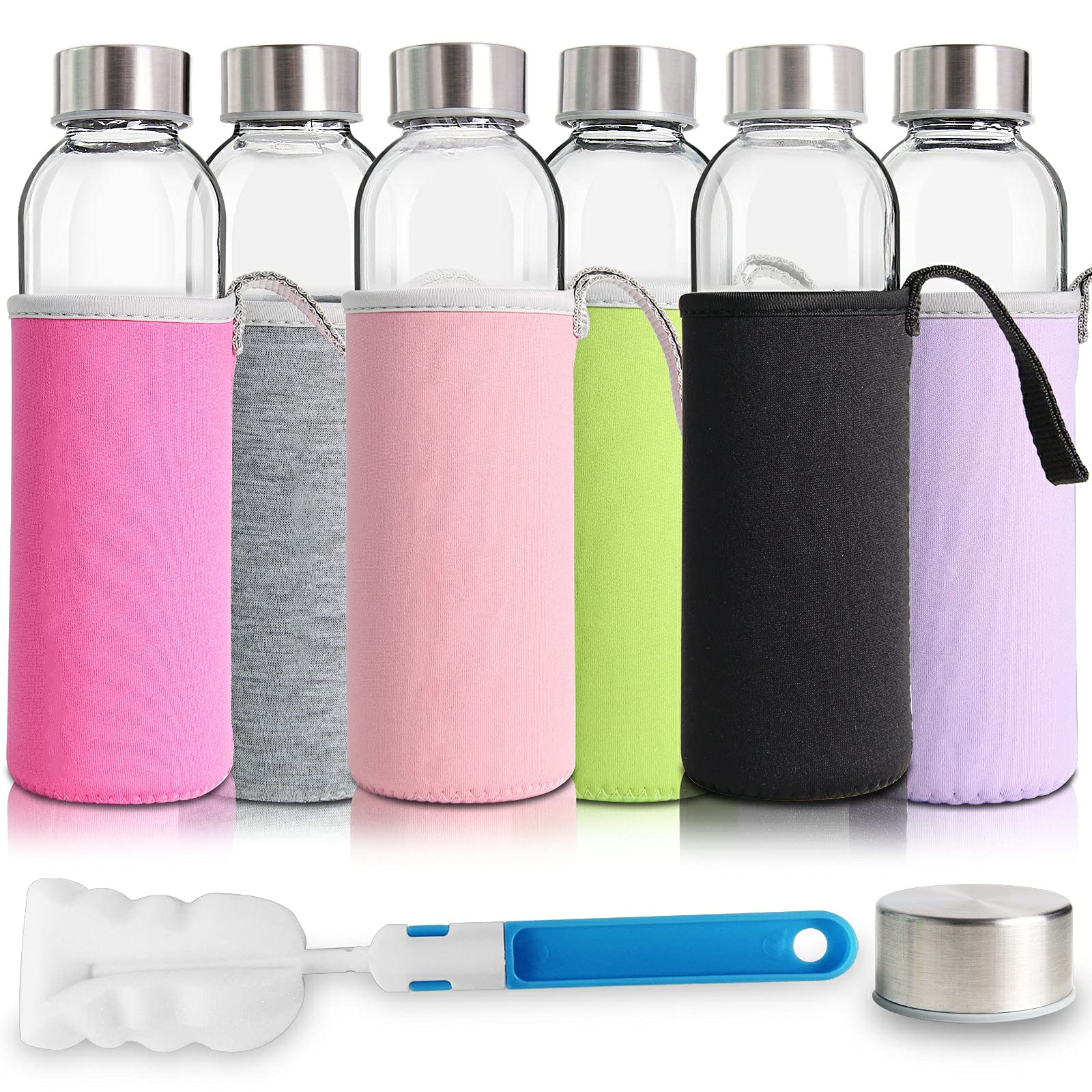 YEBODA 18oz Glass Water Bottles with Stainless Steel Lids & Colorful Nylon Sleeves - 6-Pack for Juice, Smoothies, Tea, and On-the-Go Hydration at Gym, Office, or Outdoor Activities