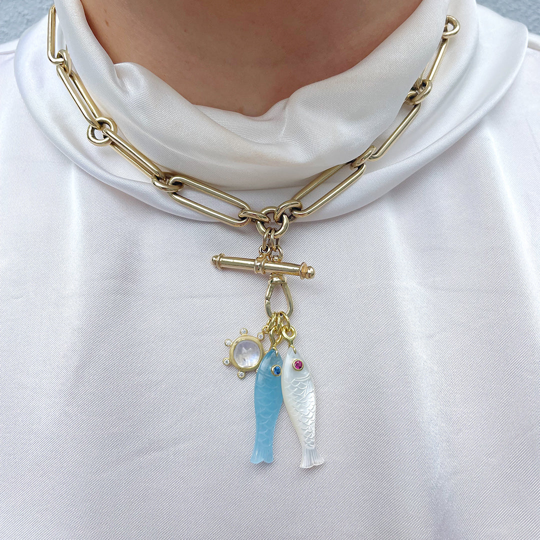 14K Gold Aquamarine & Sapphire Fish Pendant Necklace - Elegant Jewelry for Women, Perfect Gift for Birthday, Anniversary & Special Occasions