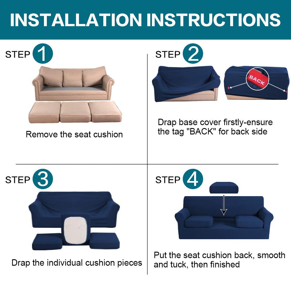 Turquoise Navy Blue 3-Piece Sofa Cover Set - Stretchable Slipcover for 3-Seater Couch & 2-Seater Loveseat - Perfect for Living Room, Family Room & Home Decor Protection
