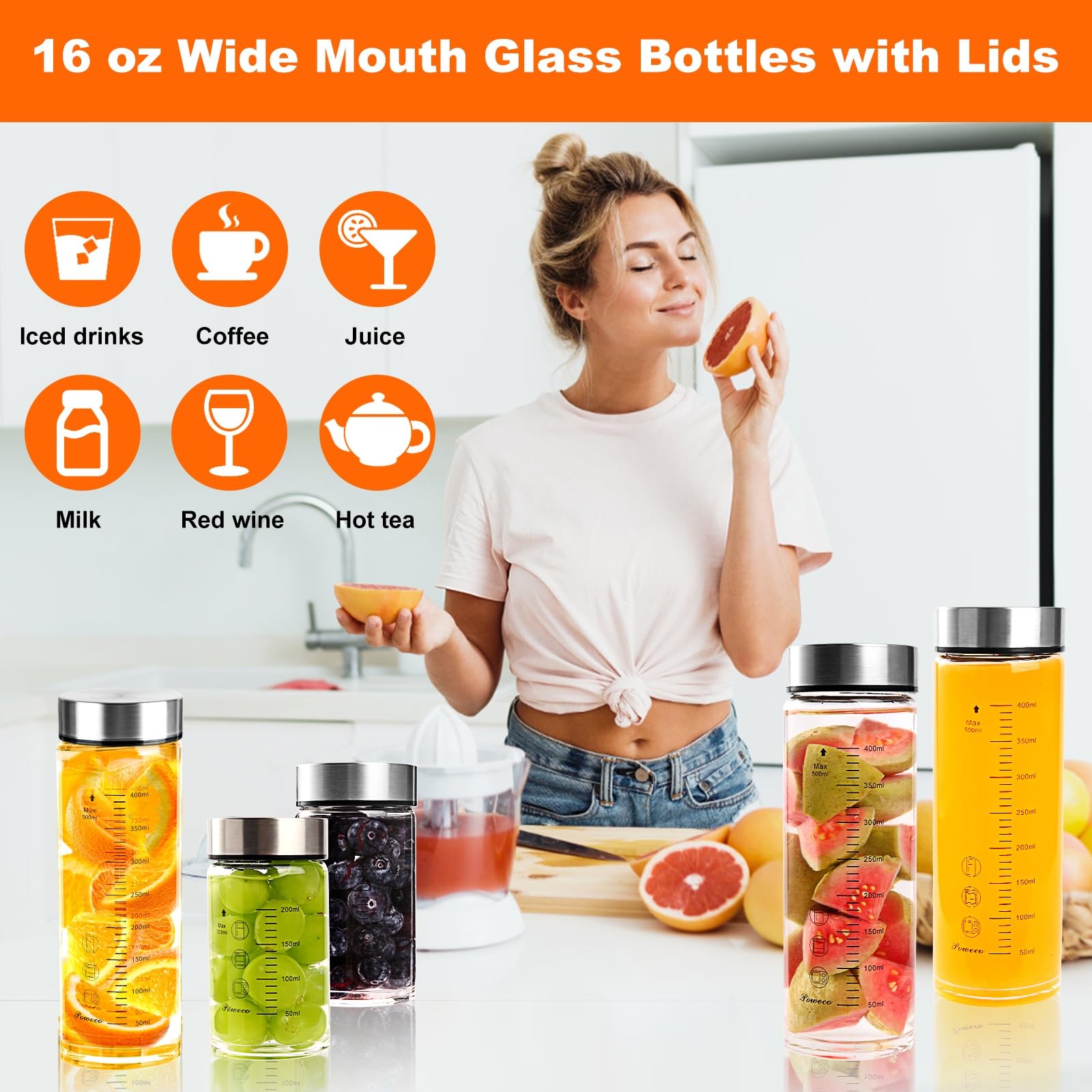 4 Pack 12oz Glass Juice Bottles with Lids - BPA Free Wide Mouth Reusable Water Bottles for Smoothies, Protein Shakes & Milk - Stainless Steel Lids Perfect for Blending, Juicing & Gym Use (400ml)