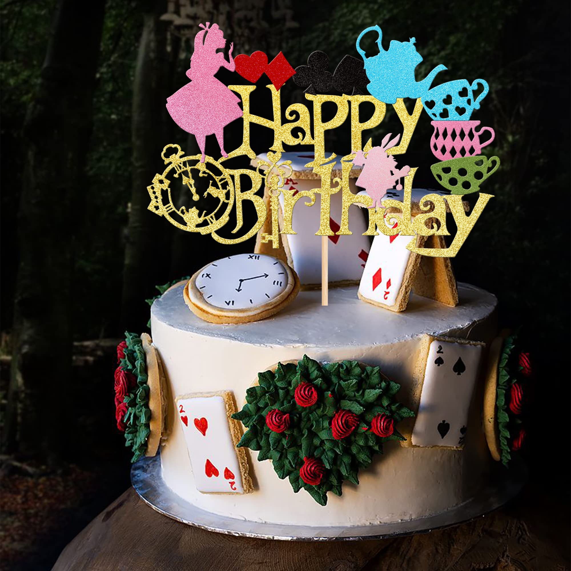 1 PCS Magic Alice Birthday Cake Topper - Glitter Magical Poker Bunny Bowl Clock Fairy Cake Decor for Baby Shower, Kids Birthday Party, Tea Party & Special Events - Perfect for Unicorn, Princess, Wonderland Themed Celebrations