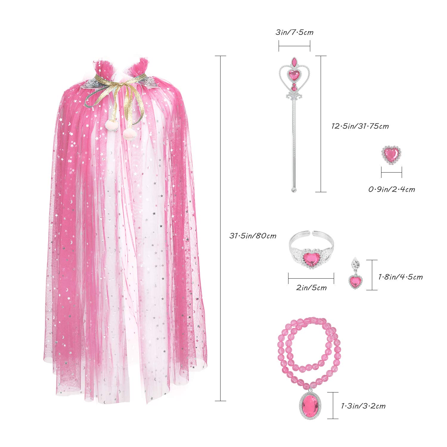 Fedio 7-Piece Princess Cape Set for Girls - Pink Cloak with Tiara Crown & Magic Wand | Kids Dress Up Costume for Birthday Parties, Halloween & Pretend Play