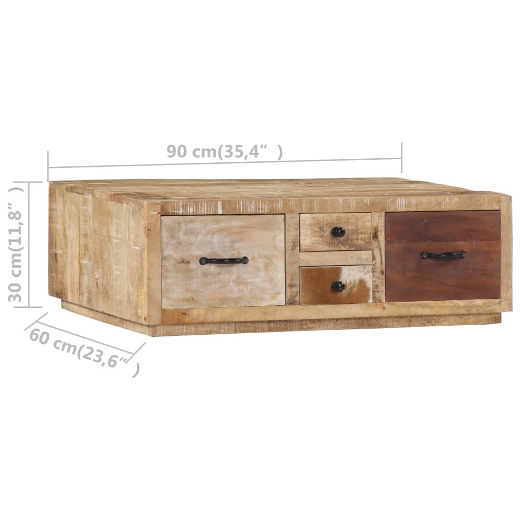 Handmade Solid Mango Wood Coffee Table with 4 Drawers - Farmhouse Style Living Room Furniture - Rustic Brown Sofa Table for Home Decor & Entertaining
