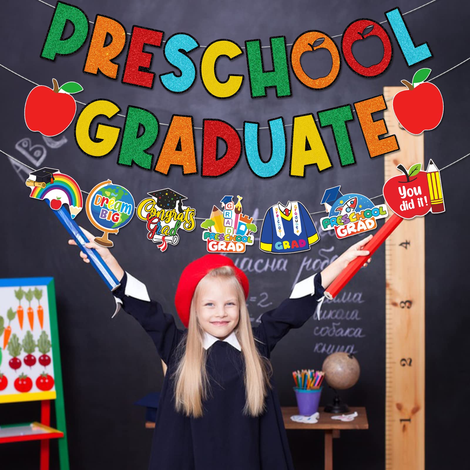 Preschool Graduation Banner & Decorations Set - Pre-K Graduation Party Supplies for Classroom, School & Home Celebrations