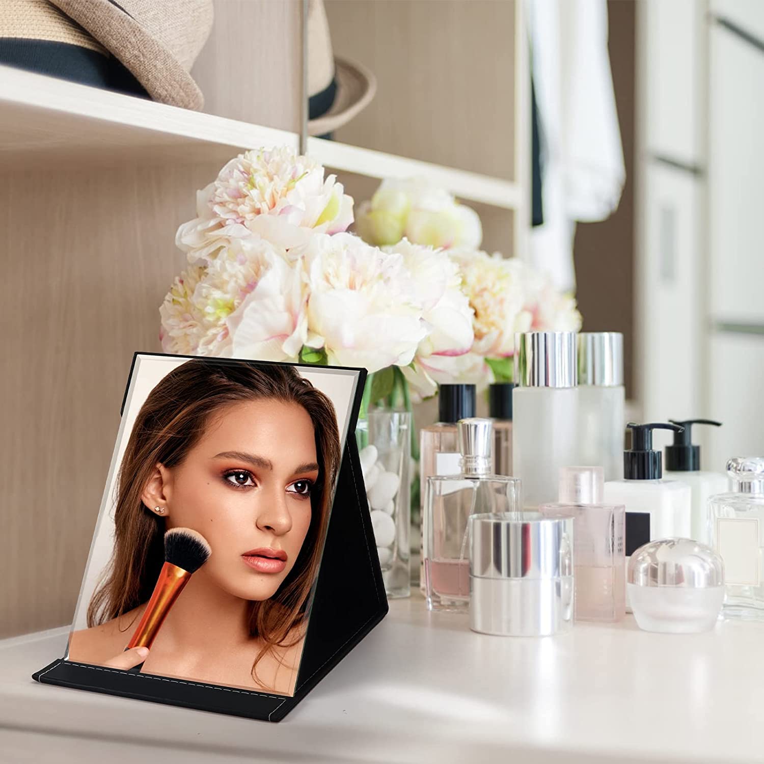 TOMATUS® Portable Folding Mirror - Adjustable Makeup Mirror with Stand for Vanity, Office Desk & Travel | Compact Black Design | Perfect for Home, Hotel & On-the-Go Touch Ups (Pack of 1)