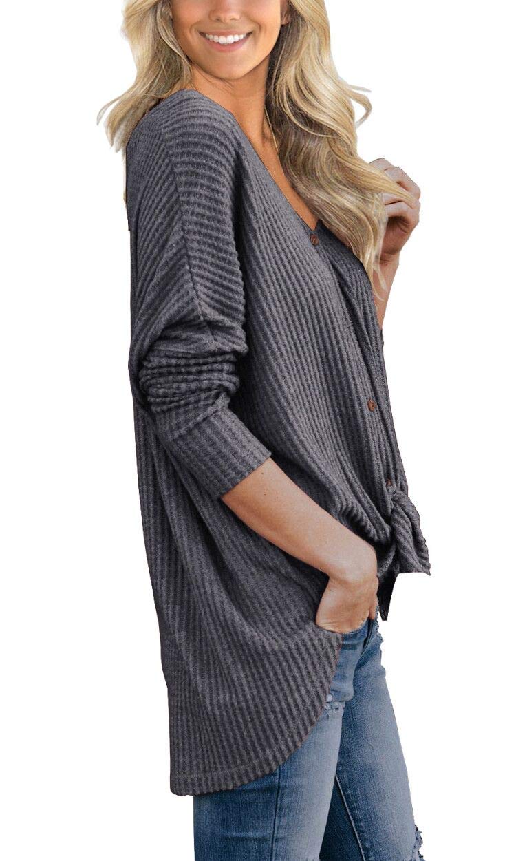 IWOLLENCE Women's Waffle Knit Tunic Blouse - Tie Knot Henley Tops, Loose Fitting Batwing Long Sleeve Shirt for Casual Wear, Office & Fall Outfits