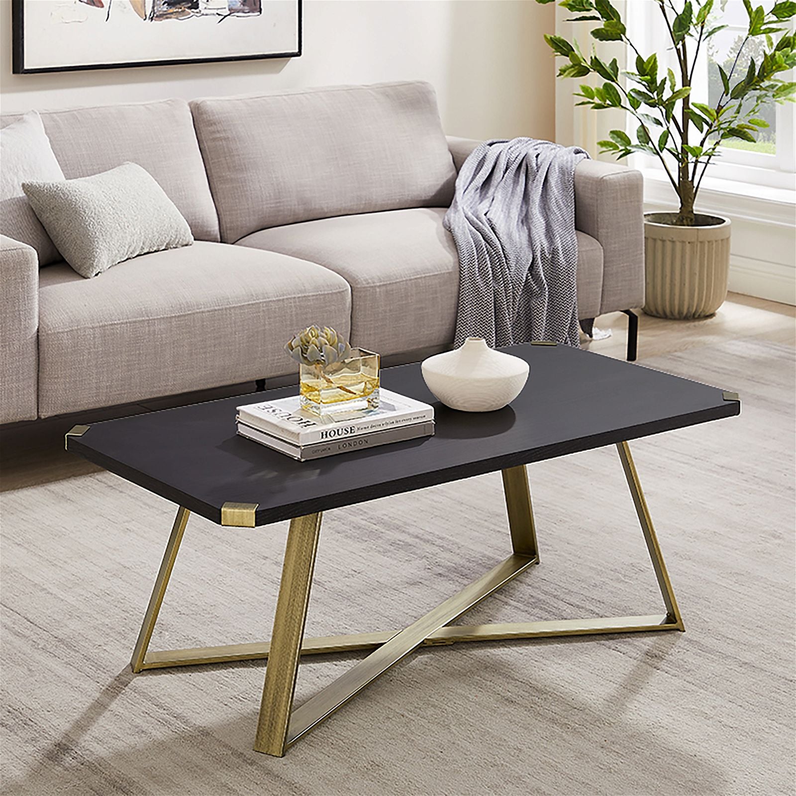 Premium Capri Coffee Table 1100mm - Modern Black Oak Top with Gold Metal Legs & Accents by Criterion | Perfect for Living Room, Lounge & Office Decor