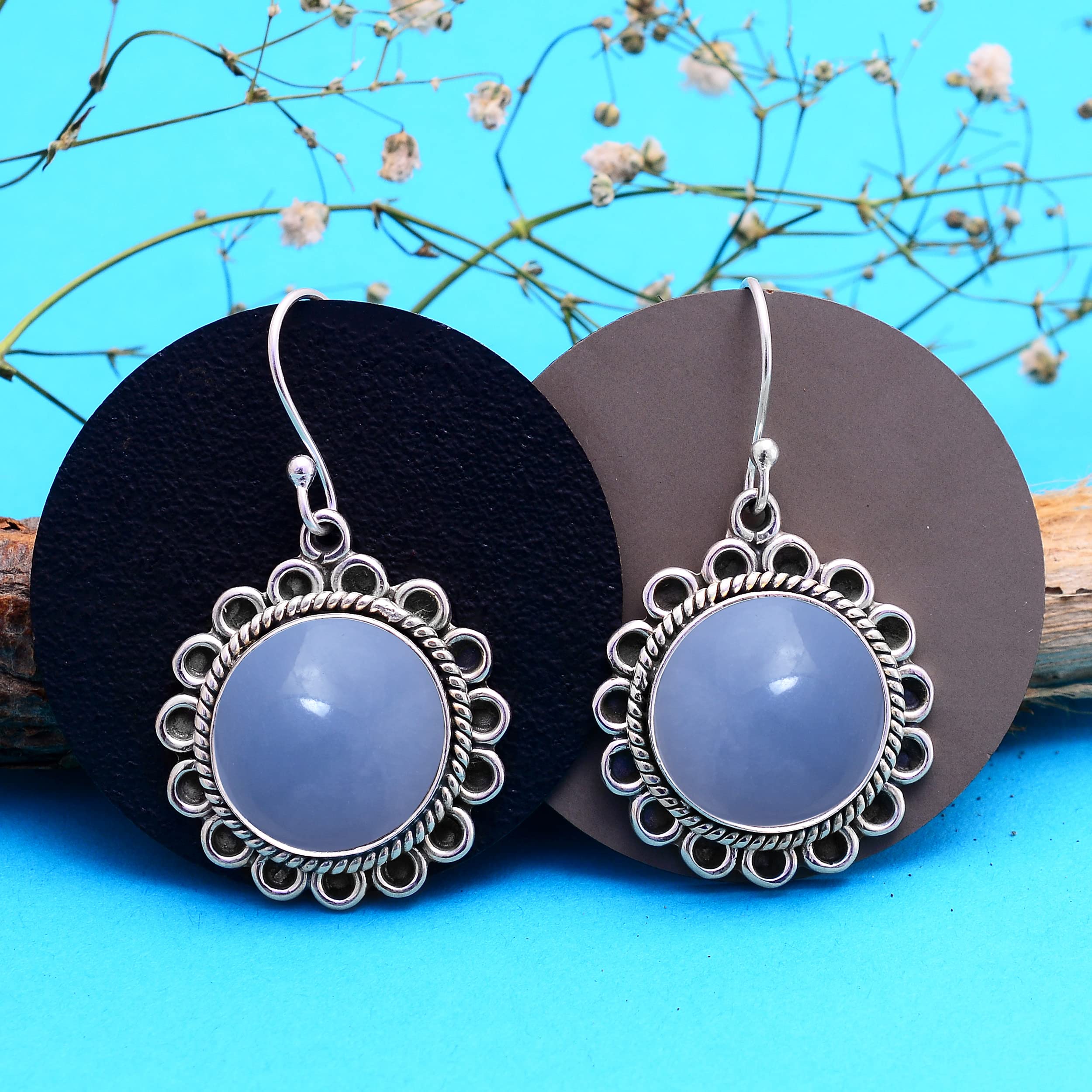 Veracity Jewelry Angelite Earrings for Women - 925 Sterling Silver Dangle Earrings with Blue Angelite Gemstone - Handmade Healing Jewelry for Inner Peace & Spiritual Balance - Perfect for Meditation, Yoga & Everyday Wear (VSE-366)