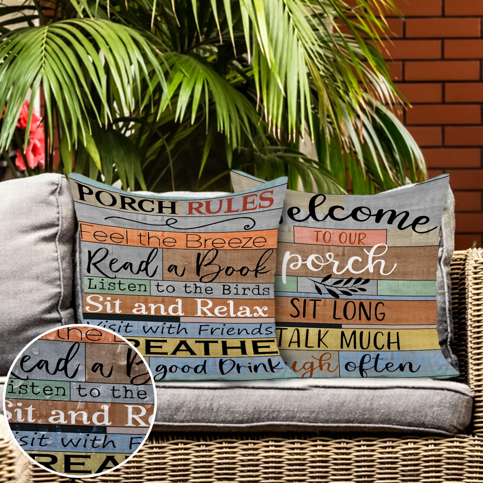 Jartinle Waterproof Porch Rules Sign Outdoor Pillow Covers - Set of 2, Welcome to Our Porch Decor for Patio, Couch & Bench - Perfect for Outdoor Furniture, Backyard Relaxation & Front Porch Decorating