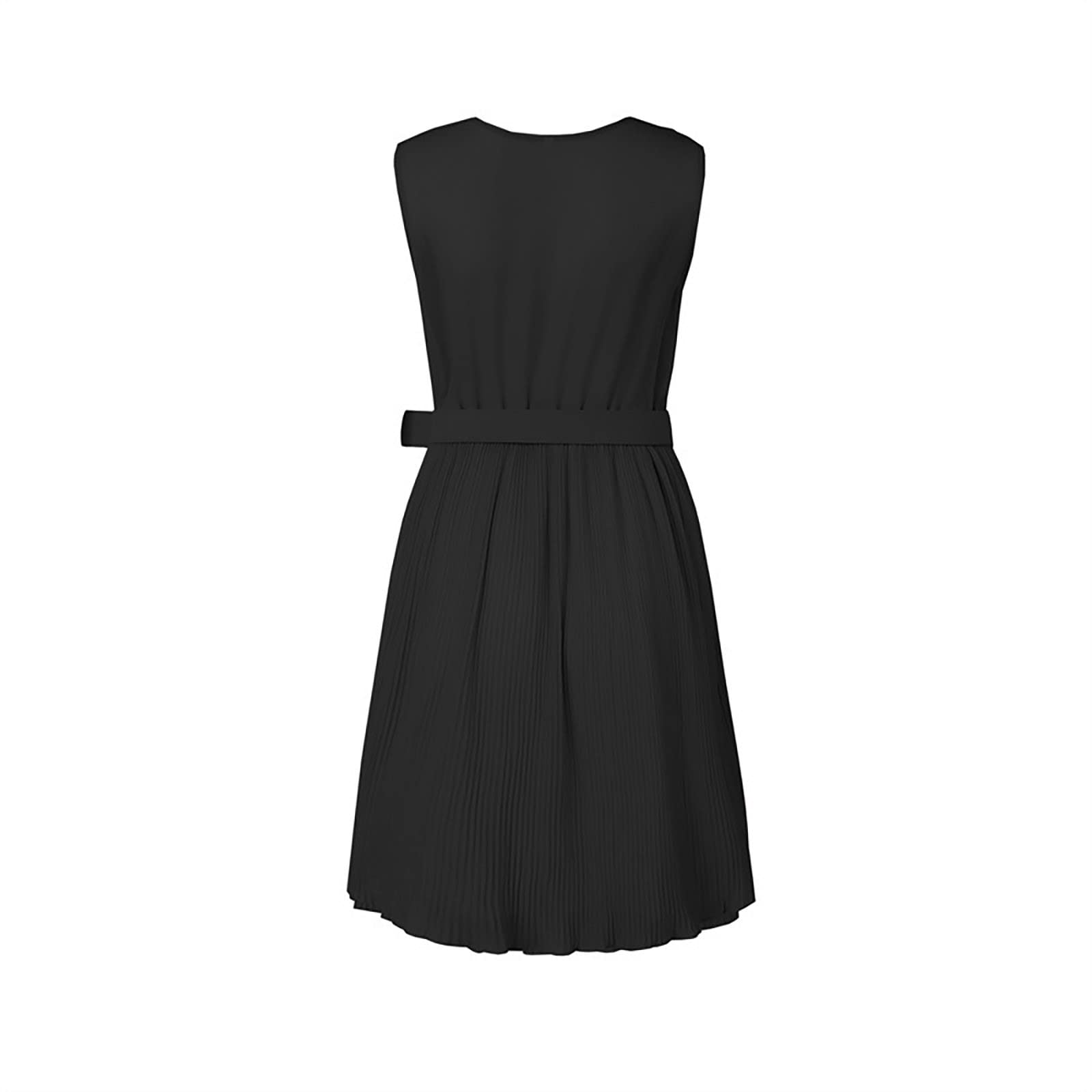 Elegant Pleated Flowy Midi Dress for Women - Tea Length Wrap V-Neck Sleeveless Wedding Guest Dress with Belt - Perfect for Cocktail Parties, Bridal Showers & Formal Events
