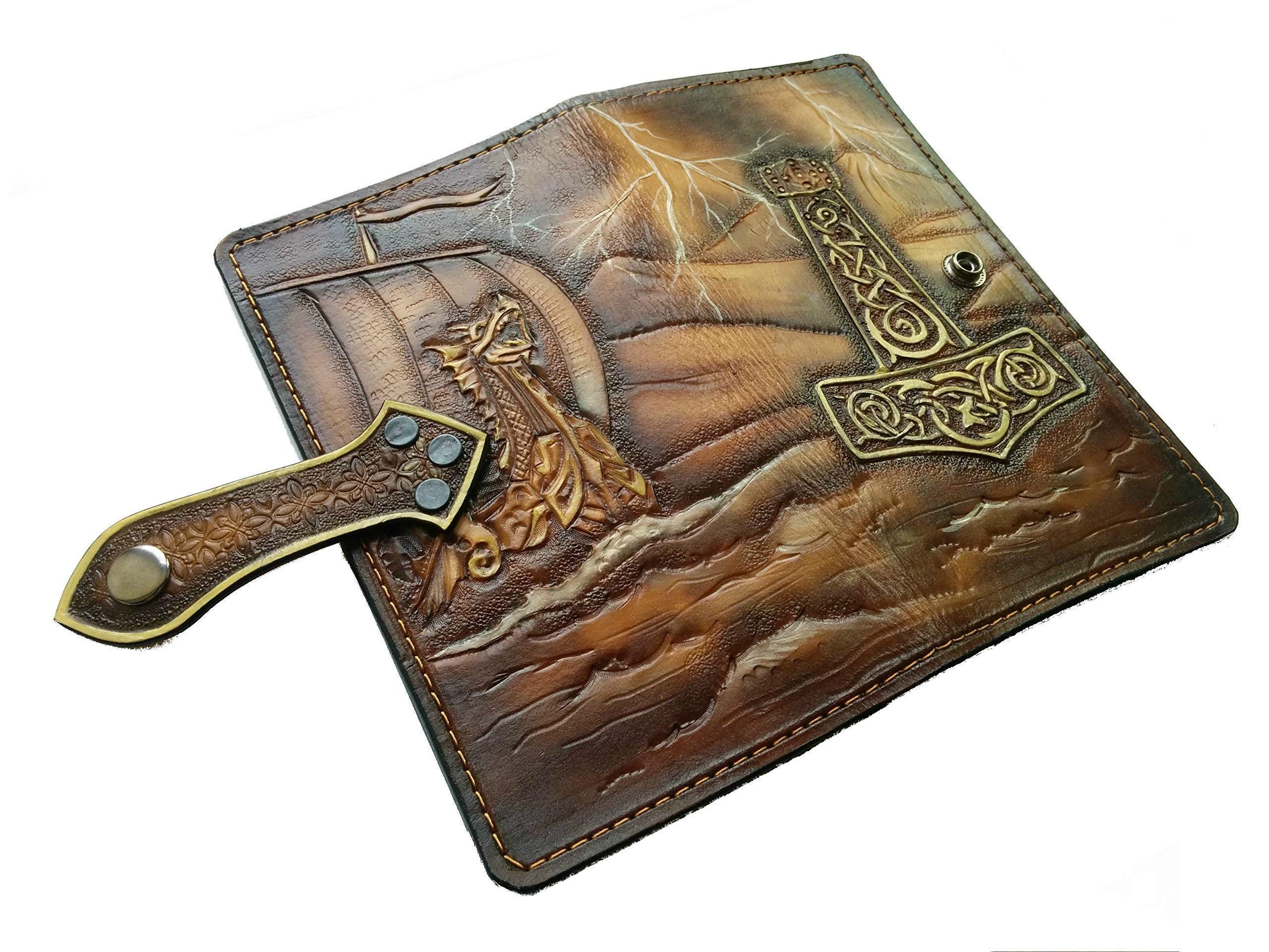 Viking Longship & Thor Hammer Mjölnir 3D Genuine Leather Men's Wallet - Handmade Biker Wallet with Airbrush Art, Custom Carved Design - Perfect for Gifts, Travel & Everyday Use