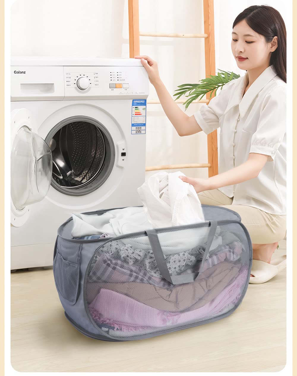 Collapsible Laundry Baskets - Foldable Mesh Pop Up Laundry Hamper with 2 Reinforced Handles (Gray & Green) - Perfect for Small Spaces, Dorm Rooms, Camping & Travel Organization