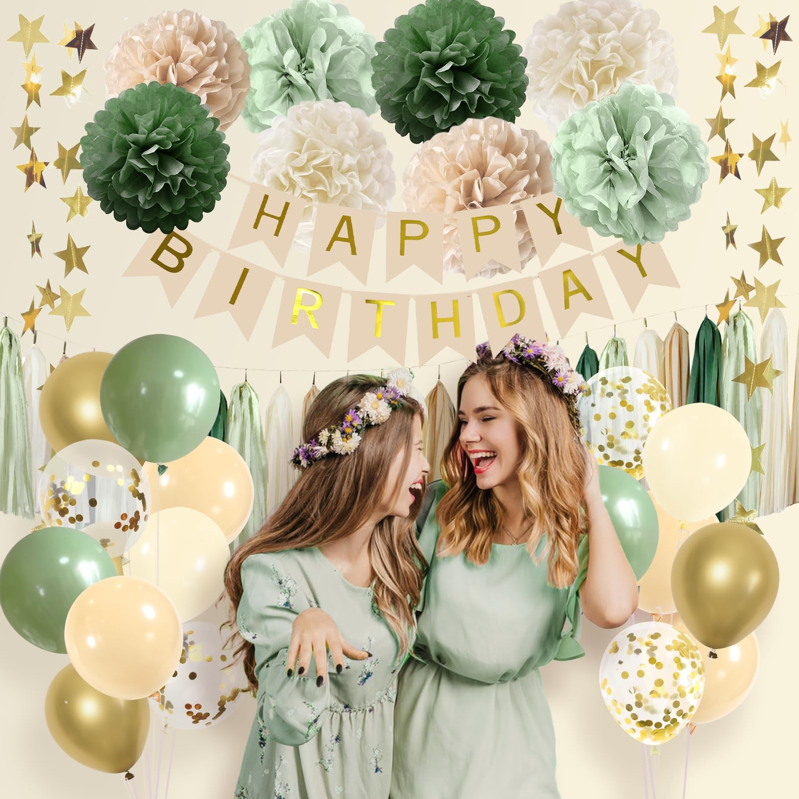 Sage Green Birthday Party Decorations Kit - Includes Banner, Tissue Tassels, Paper Pompoms, Balloons & Star Garland - Perfect for Women's Birthday Celebrations, Baby Showers & Bridal Showers