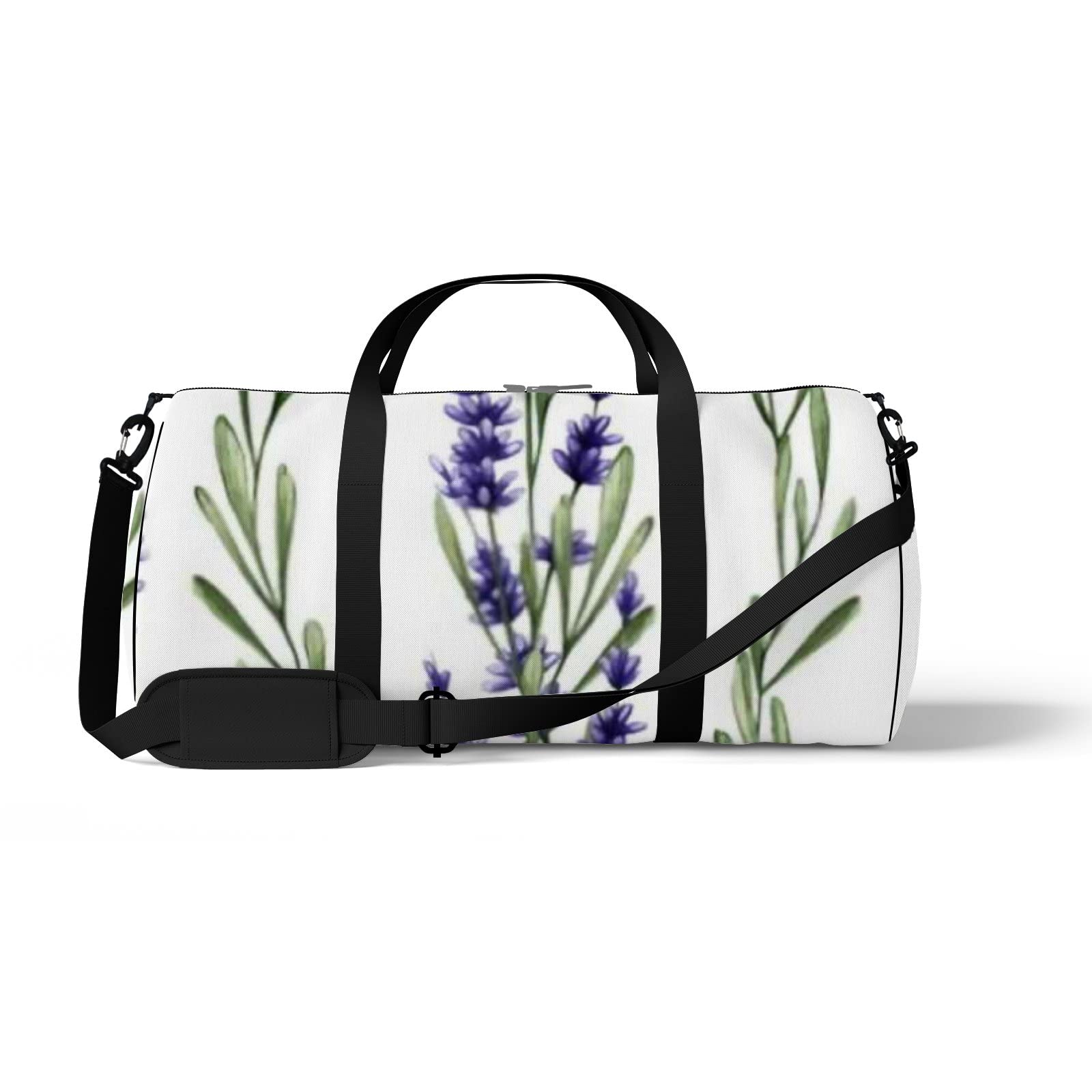 Vintage Abstract Purple Lavender Green Leaves Waterproof Gym Tote Bag with Shoulder Strap & Zipper Pockets - Unisex Sports Travel Shoulder Bag for Workout, Yoga, Beach, Shopping and Daily Use