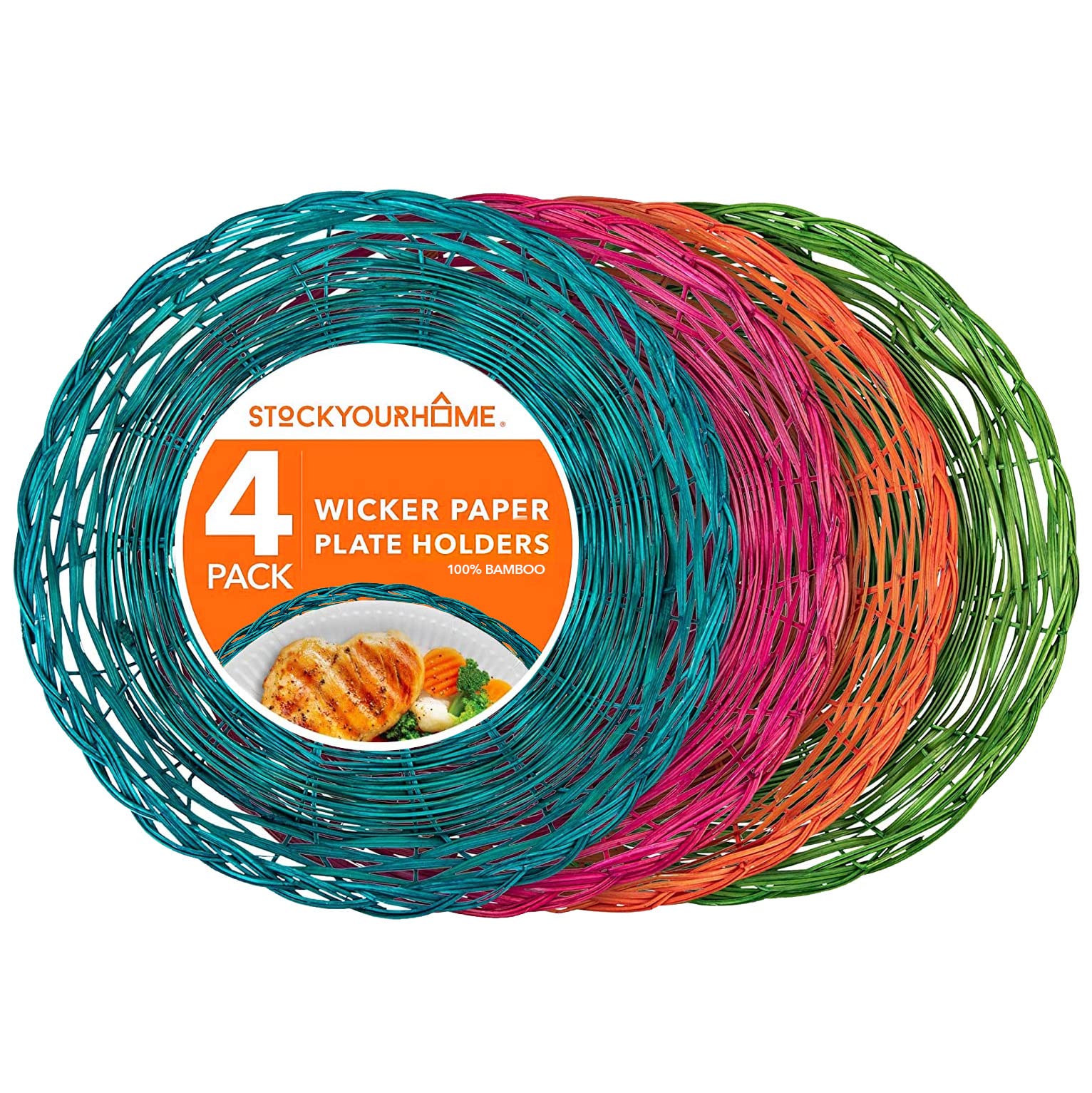 Stock Your Home 10-Inch Bamboo Paper Plate Holder (4-Pack) - Durable Wicker Reusable Charger Plates for Parties & Dining - Multicolor Decorative Plate Stands for Weddings, BBQs & Home Decor