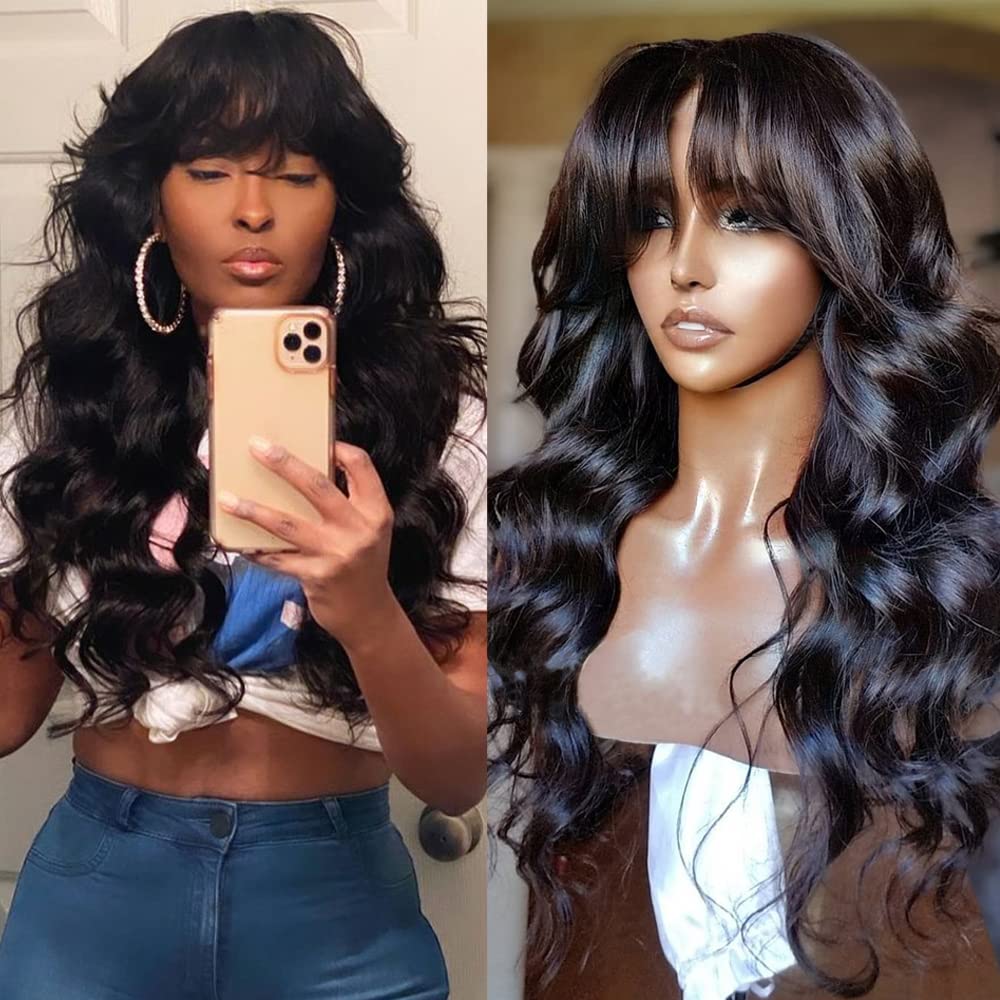 Brazilian Human Hair Wavy Wig with Bangs - 180% Density, 18 Inch, O Scalp Top, Machine Made for Black Women | Perfect for Daily Wear, Parties & Protective Styling