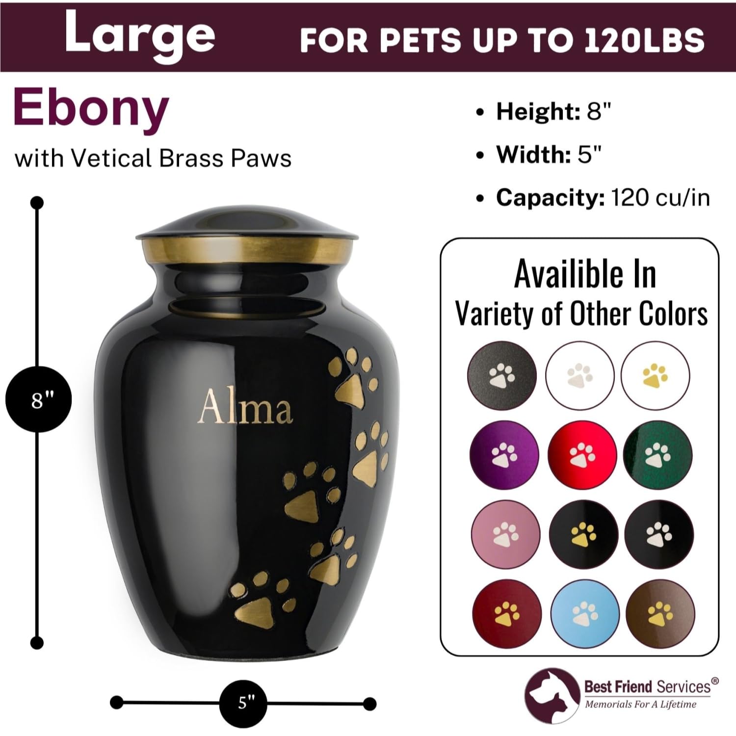 Ottillie Paws Premier Series Large Ebony Pet Memorial Urn with Vertical Brass Paws - Personalized Laser Engraving for Dogs and Cats - Perfect for Home or Garden Memorial Displays
