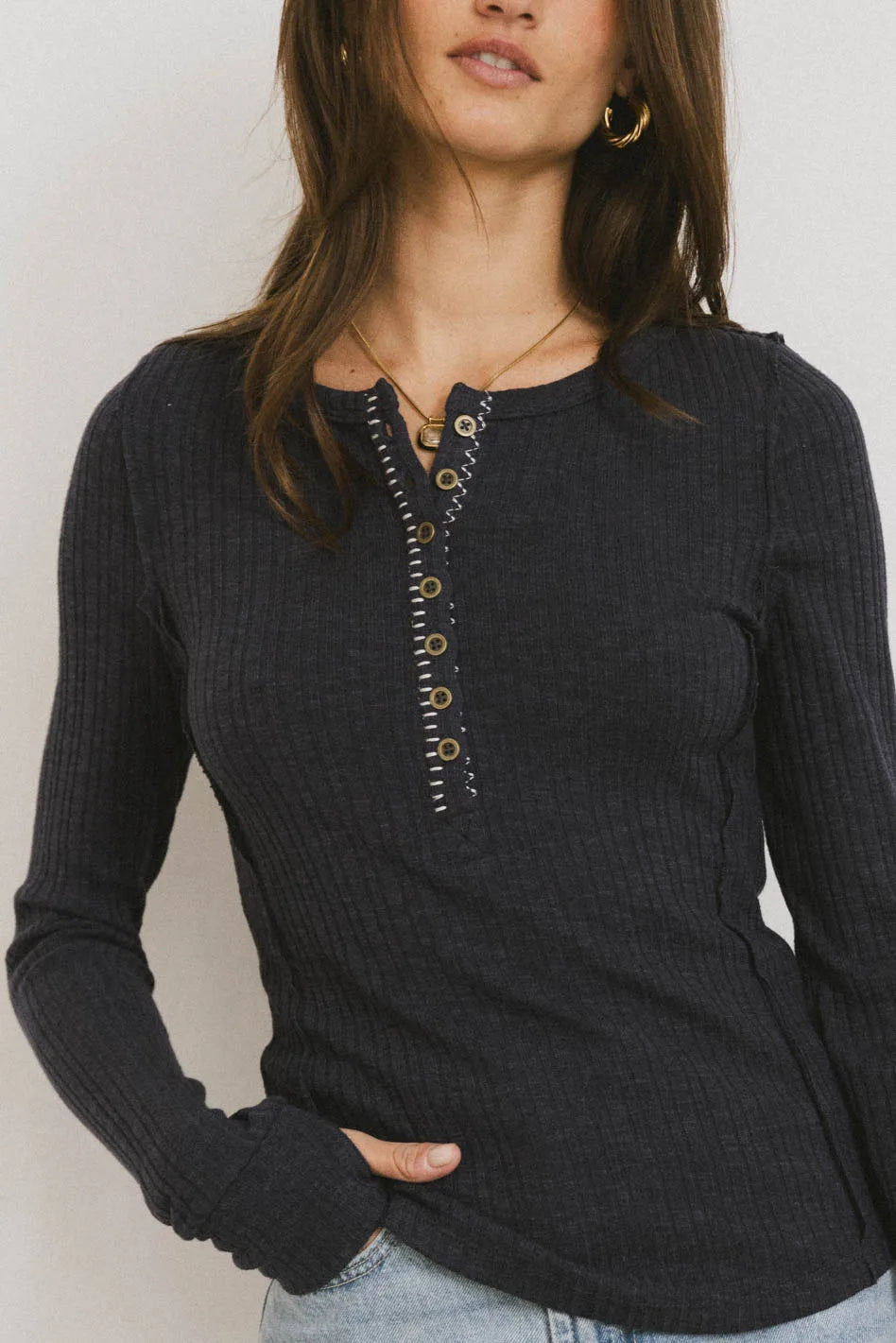 Emmilianne Ribbed Top in Navy | Women's Slim Fit Knit Shirt | Casual & Layering Essential | FINAL SALE | Perfect for Office, Date Night & Weekend Outfits