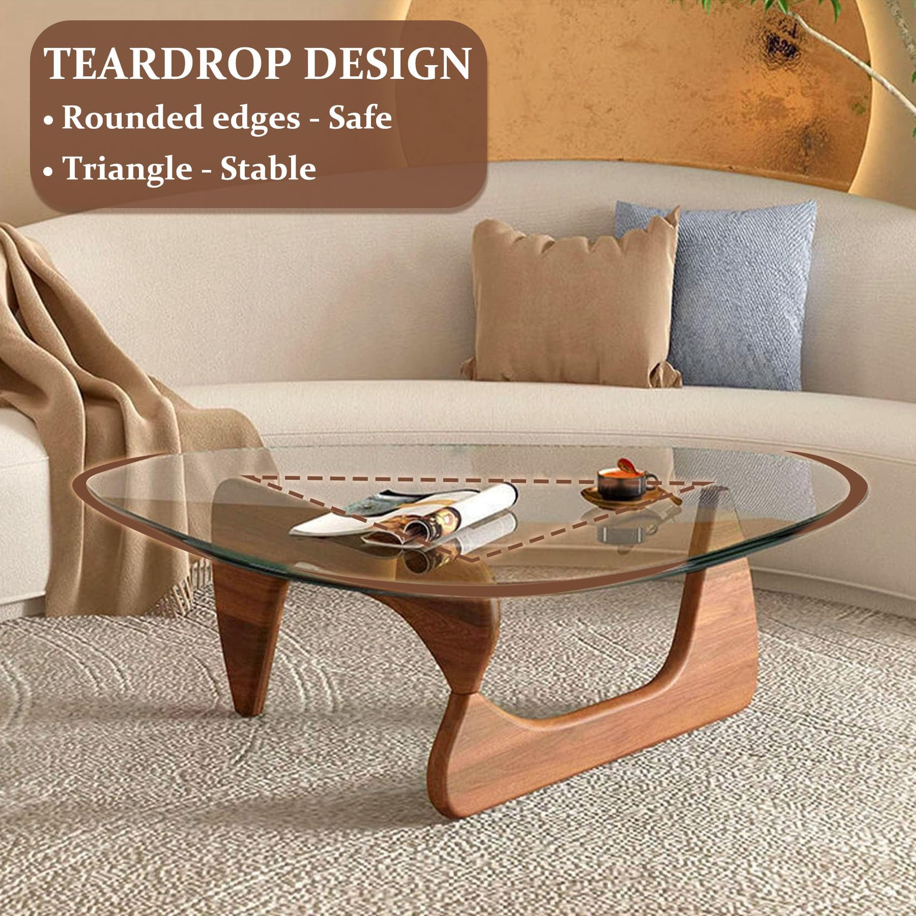 Mid Century Modern Walnut Triangle Coffee Table - Solid Wood Base & Clear Glass Top - Minimalist Low Living Room Tea Table (36