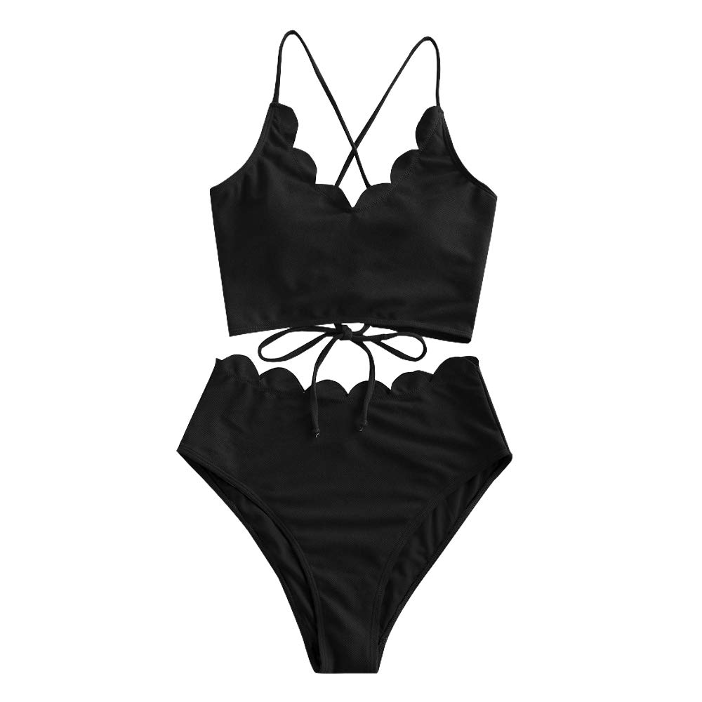 ZAFUL Women's High Waisted Swimsuits - Scalloped Bikini Set with Back Lace-Up & Tummy Control | Sexy Beachwear for Pool Party, Vacation & Summer Swimwear