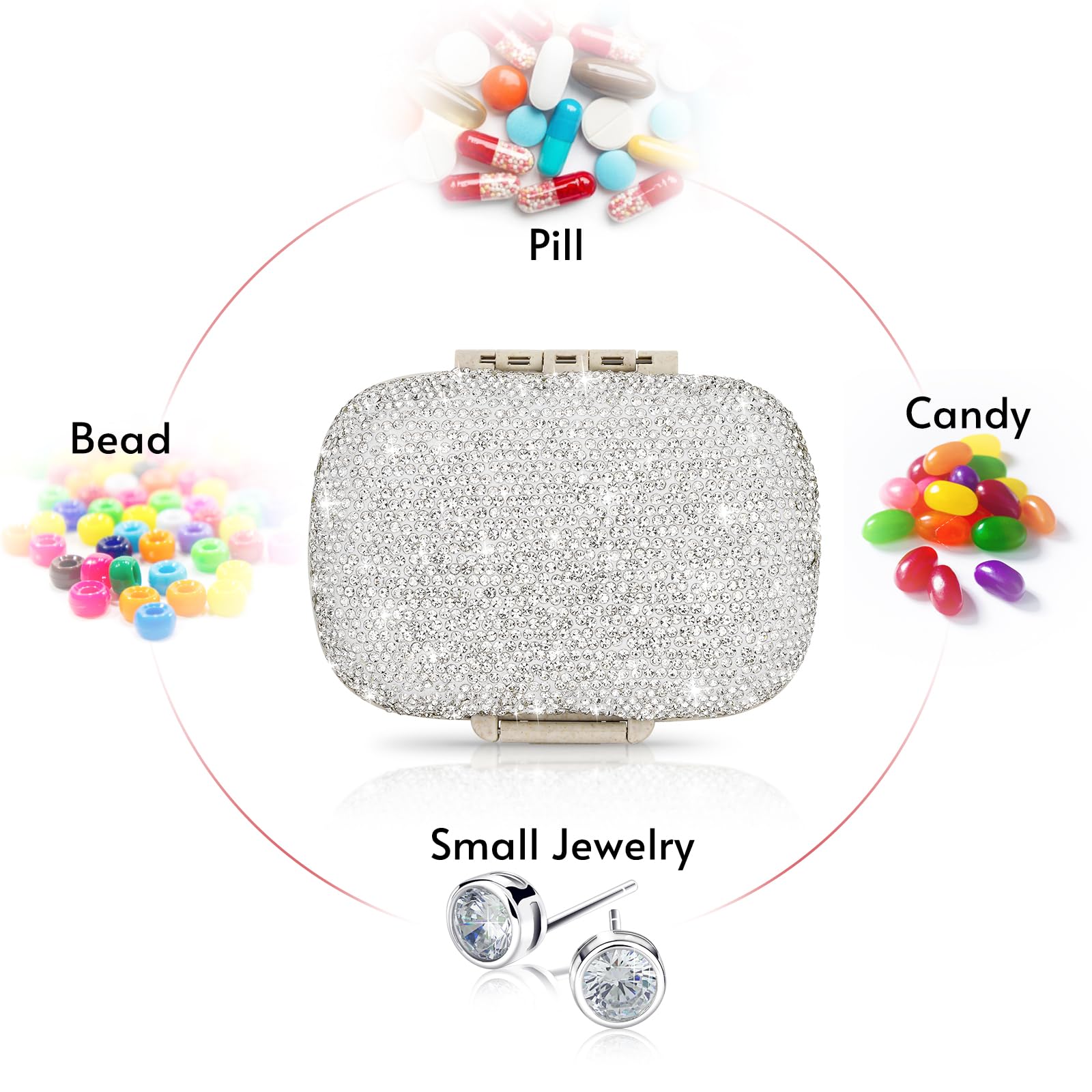 Soleebee 8-Compartment Portable Pill Organizer - Bling Crystal Diamond Pill Box for Daily Vitamins, Fish Oil & Medication - Compact Travel Pill Case for Home, Office & On-The-Go (Silver)