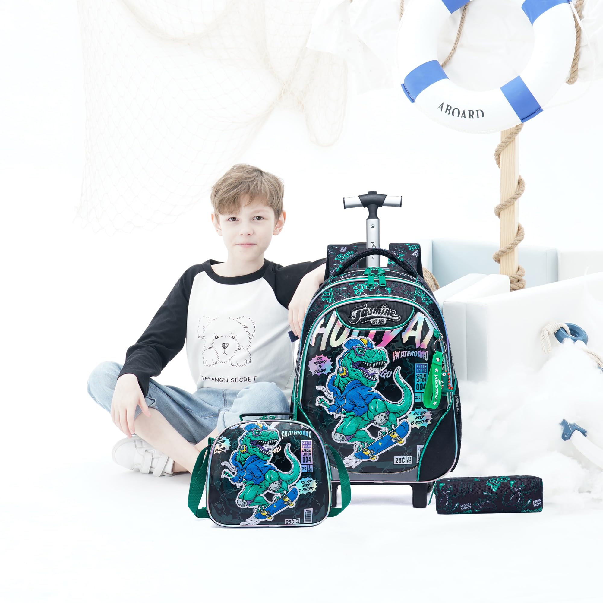**Meetbelify Dinosaur Rolling Backpack for Boys - 3-in-1 Wheeled School Backpack with Lunch Box, Travel Luggage for Elementary Students (Ages 8-10) - Perfect for School, Travel & Daily Adventures**