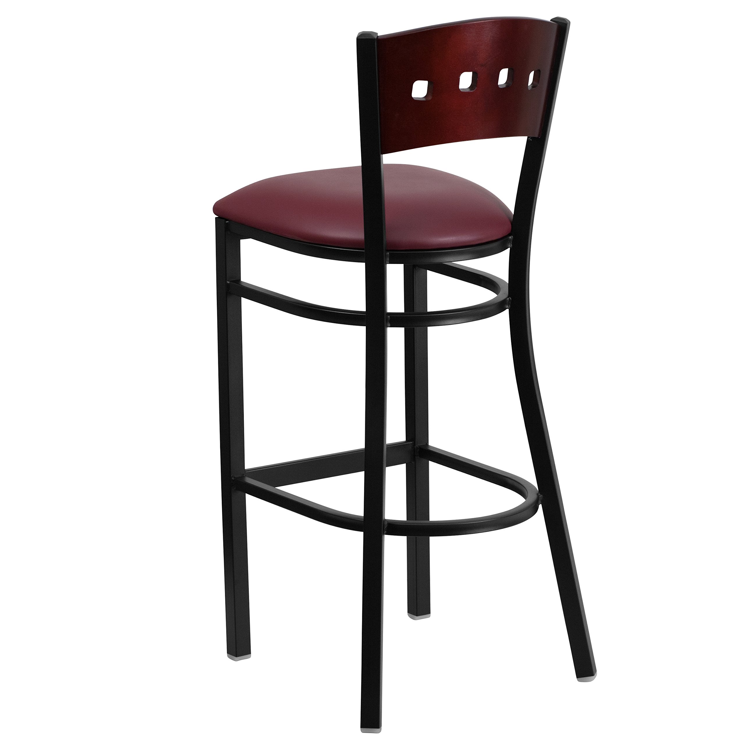 Flash Furniture HERCULES Series Black 4 Square Back Metal Bar Stool with Mahogany Wood Back & Burgundy Vinyl Seat - Heavy Duty Restaurant, Kitchen Island, Home Bar & Commercial Use