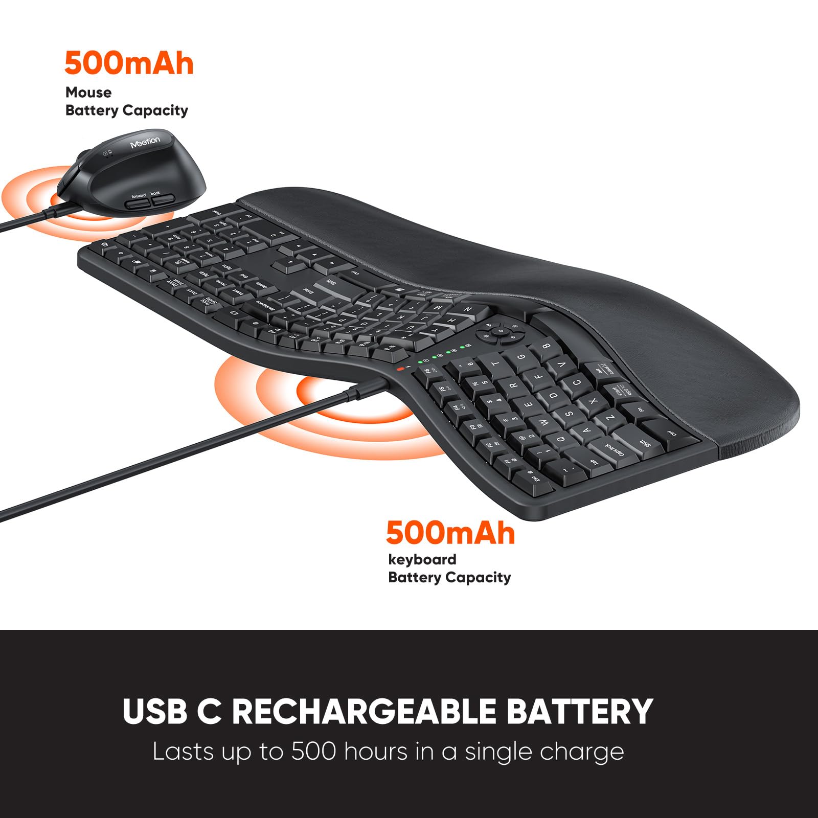 MEETION Ergonomic Wireless Keyboard and Mouse Combo - Split Design with Vertical Mouse, Cushioned Wrist Rest & Palm Support - Rechargeable Full-Size Keyboard for Natural Typing - Compatible with Windows/Mac/PC/Laptop - Perfect for Office Work, Gaming & Long Typing Sessions