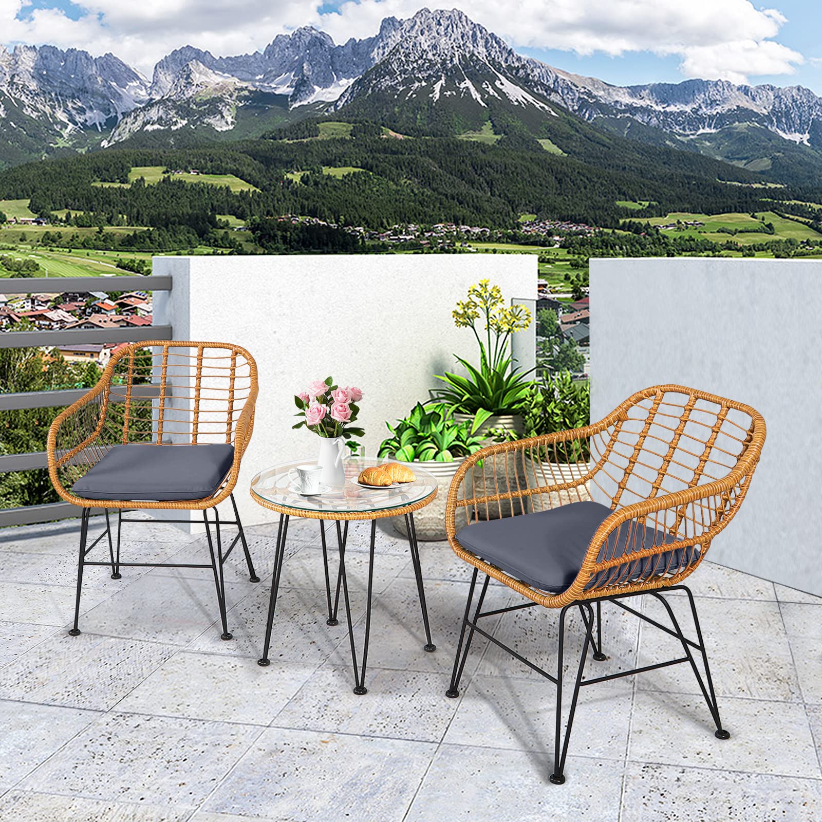 HappyGrill 3-Piece Rattan Bistro Set with Steel Frame Round Coffee Table & Soft Cushions - Outdoor Patio Dining Furniture for Garden, Balcony, or Backyard Relaxation
