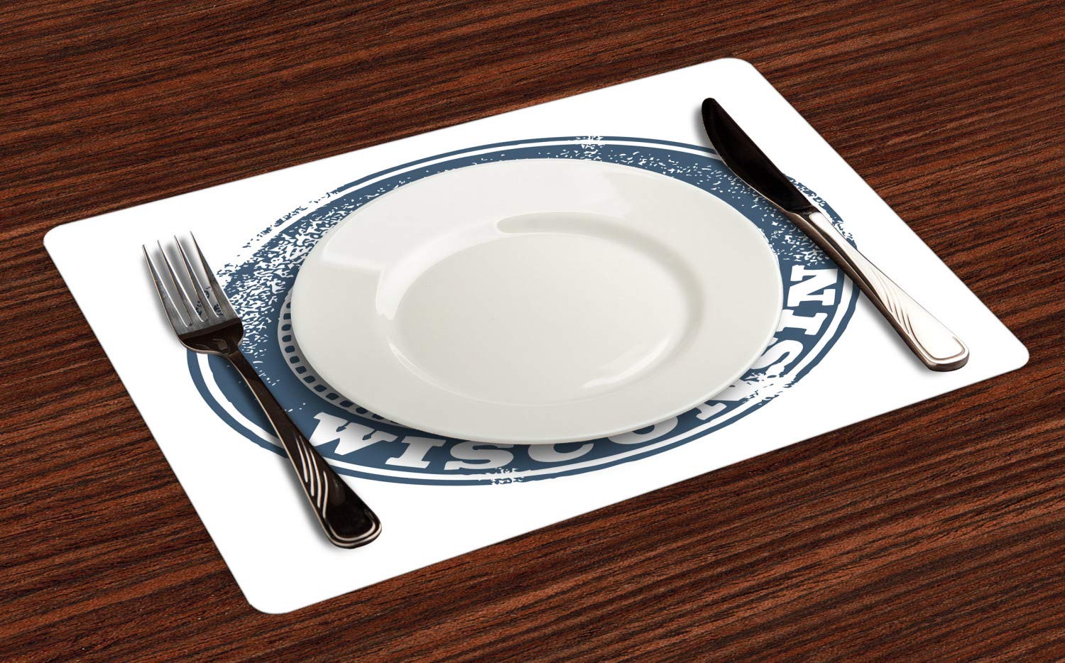 Ambesonne Wisconsin Place Mats Set of 4 - Retro Grunge Stamp Design with Political Map & Badger State Silhouette - Washable Fabric Placemats for Dining Room & Kitchen Table Decor in Slate Blue & White - Perfect for Family Dinners, Holiday Gatherings & Home Decor