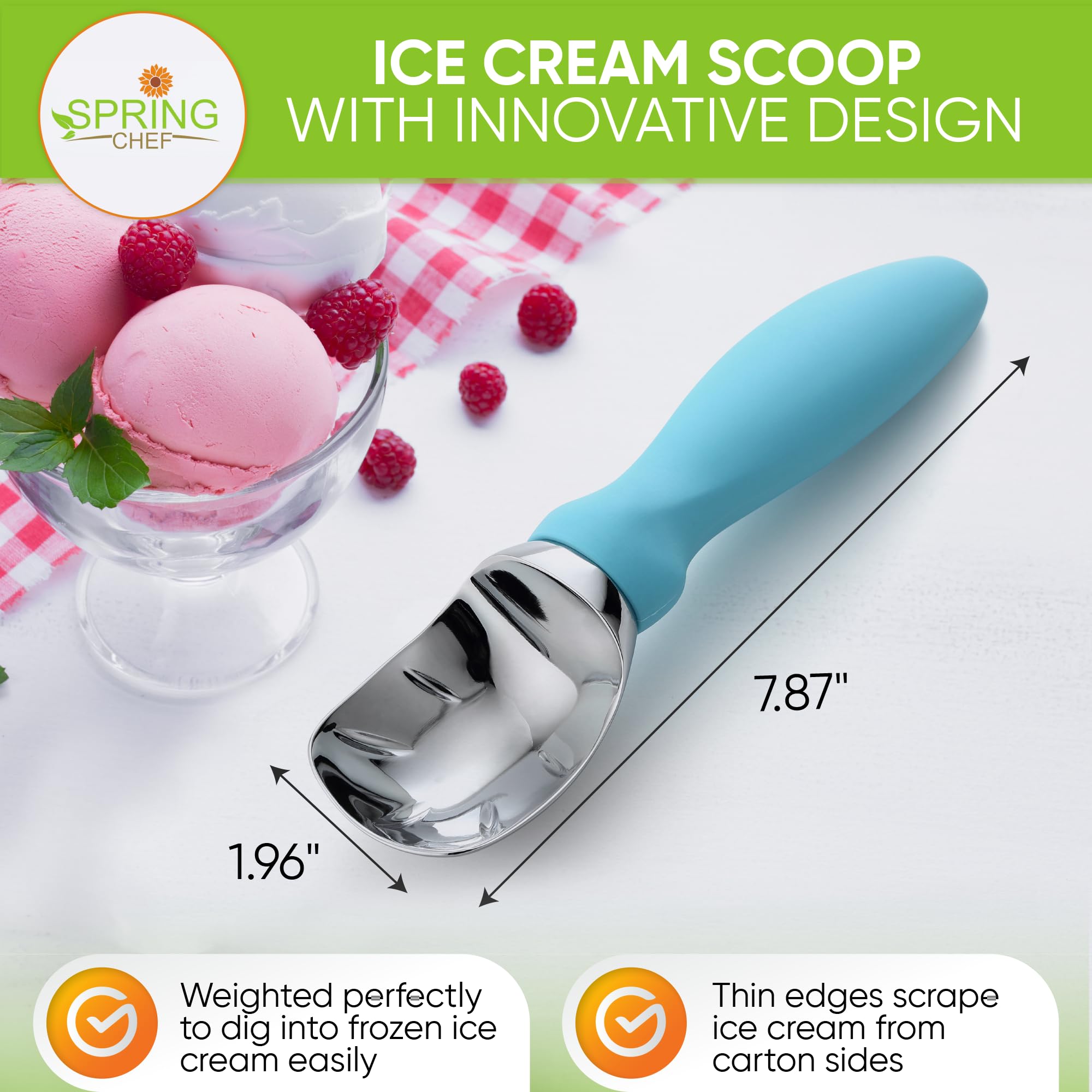 Premium Spring Chef Ice Cream Scoop with Soft Grip Handle - Heavy Duty Stainless Steel Scooper for Gelato, Sorbet, Cookie Dough - Ideal for Home Kitchens, Ice Cream Shops & Dessert Parties