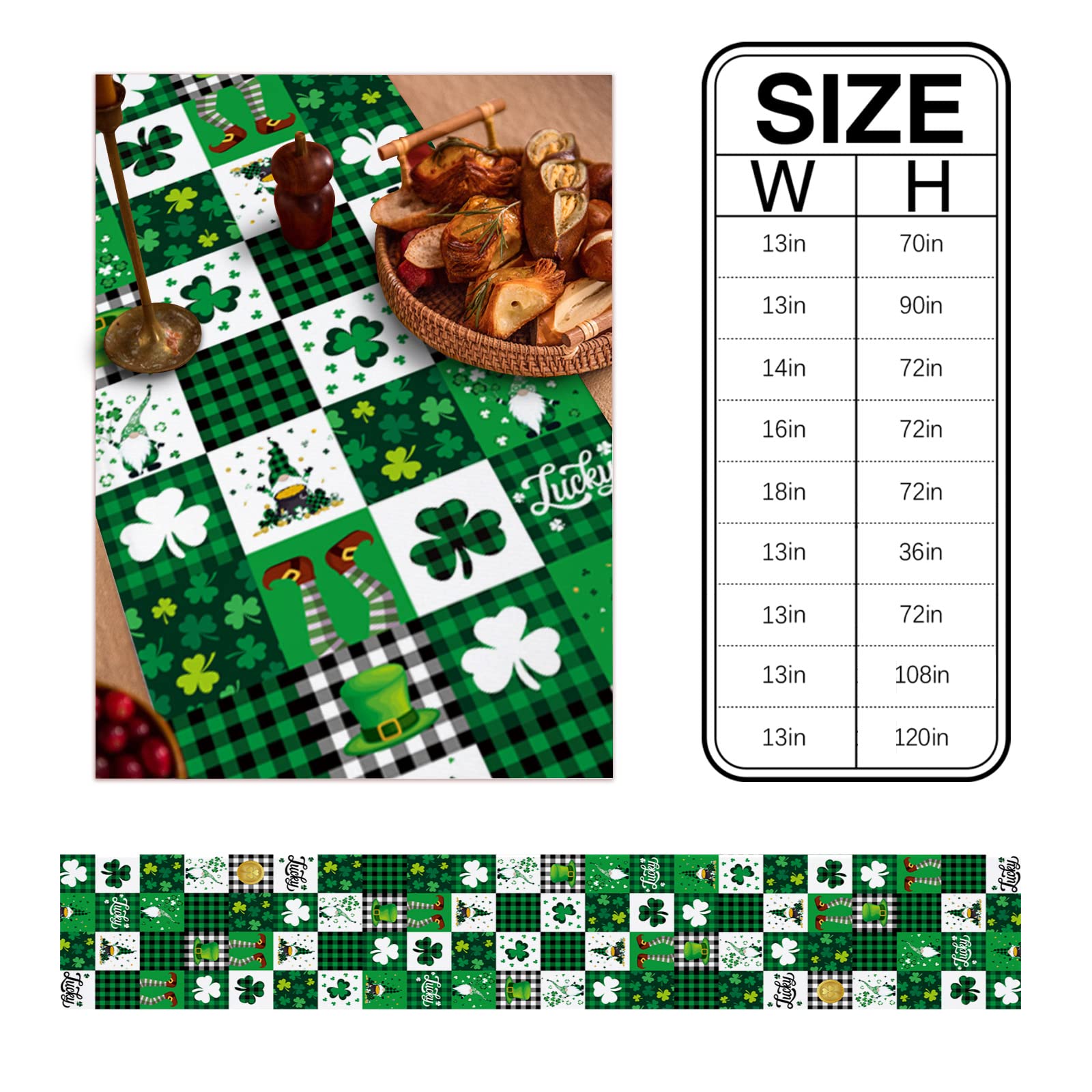 St. Patrick's Day Lucky Clover Table Runner - 72 Inch Irish Green Plaid Cotton Linen Tablecloth for Parties, Weddings & Home Decor | Perfect for Dining Tables, Coffee Tables & Dressers