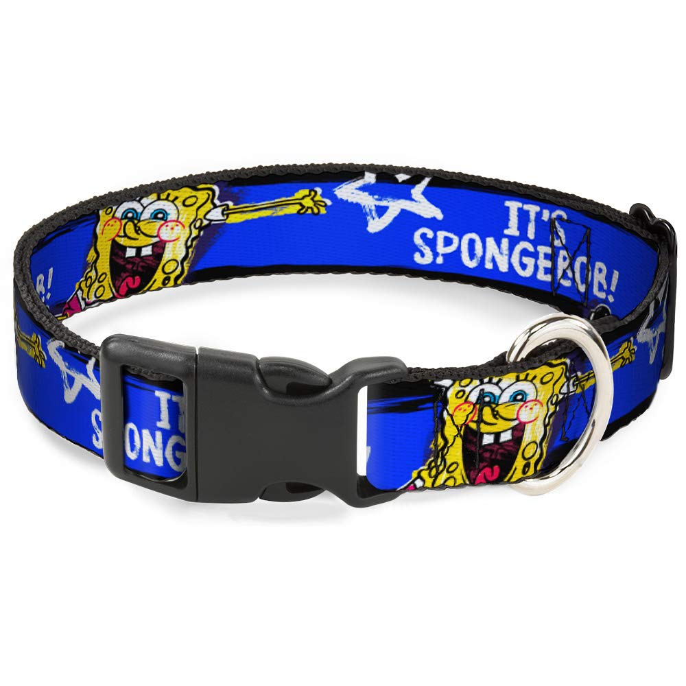 **SpongeBob Dog Collar with Plastic Clip - Black, Blue & White Stripes (16-23 Inches, 1.5 Inch Wide) - Perfect for Cartoon Lovers & Themed Pet Accessories**