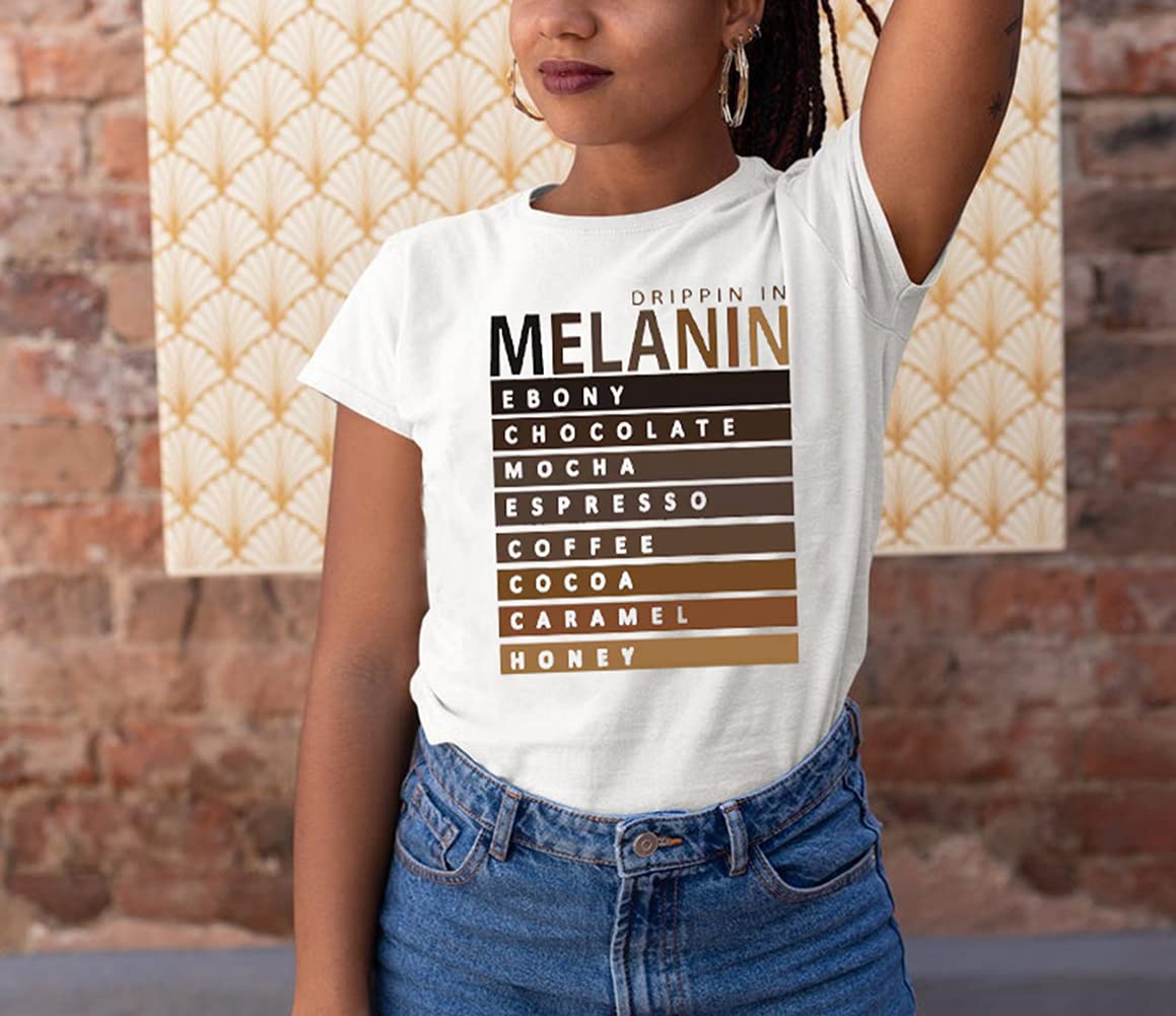 Drippin in Melanin Afro Women's Funny Letter Print T-Shirt - Black Queen Graphic Tee, Short Sleeve Cotton Top for Casual Wear, Street Style & Empowerment