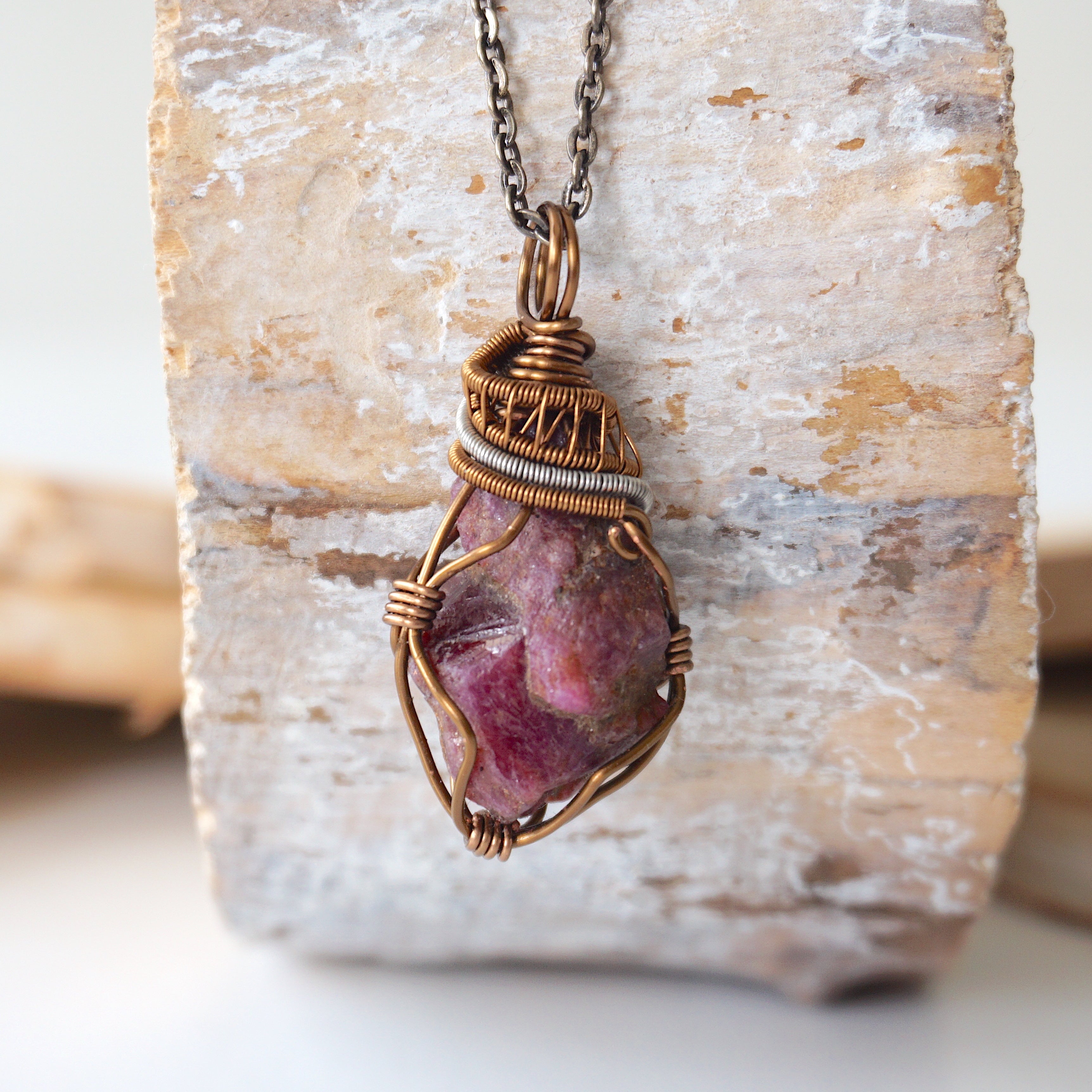 Raw Ruby Necklace in Mixed Wire Antique Bronze - Elegant Bohemian Jewelry for Women, Perfect for Weddings, Parties & Everyday Wear