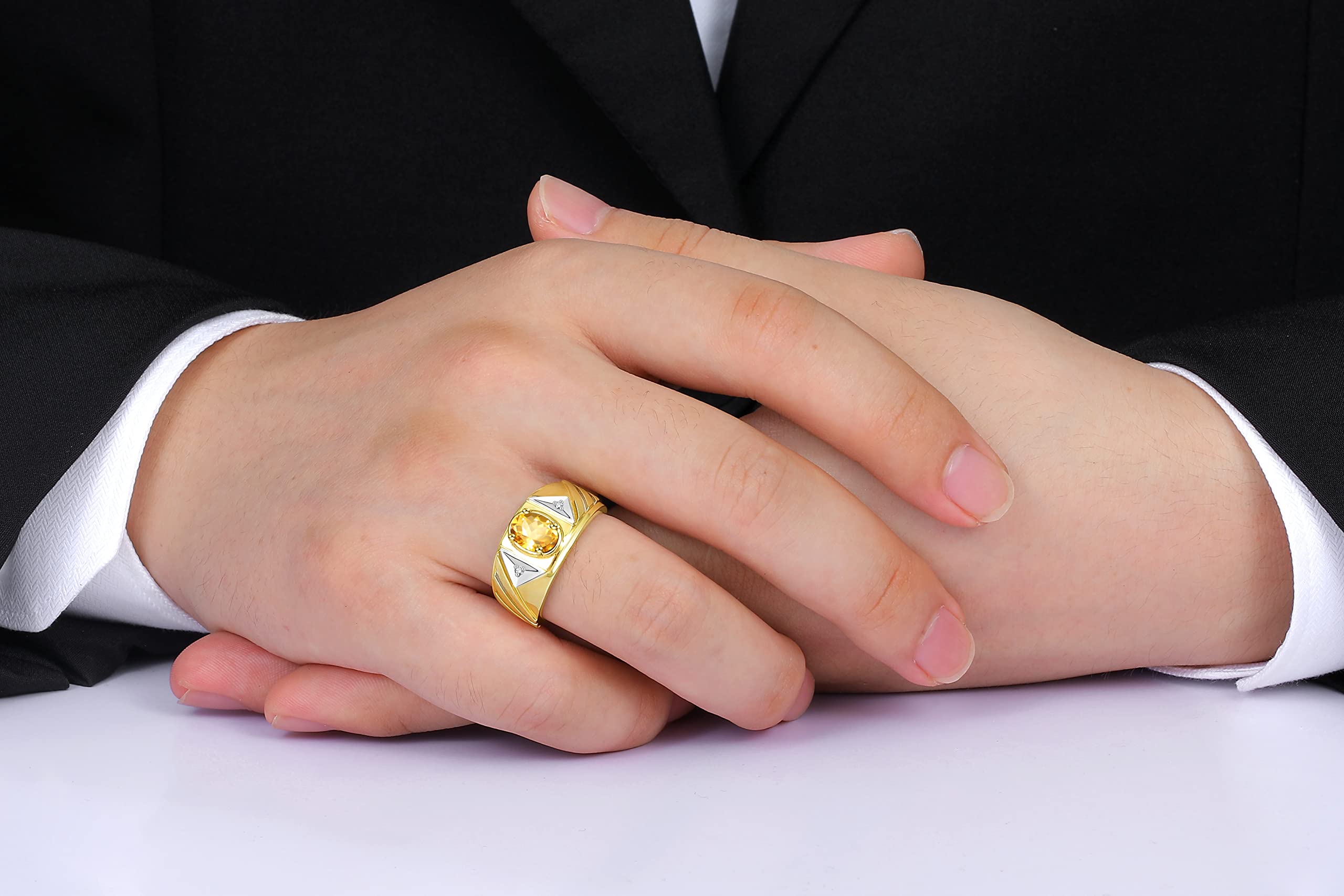 RYLOS Men's Rings - 8x6mm Yellow Gold Plated Silver Ring with Citrine Gemstone & Diamond Accents | Classic Designer Style Birthstone Jewelry for Men | Perfect Gift for Anniversary, Birthday & Special Occasions
