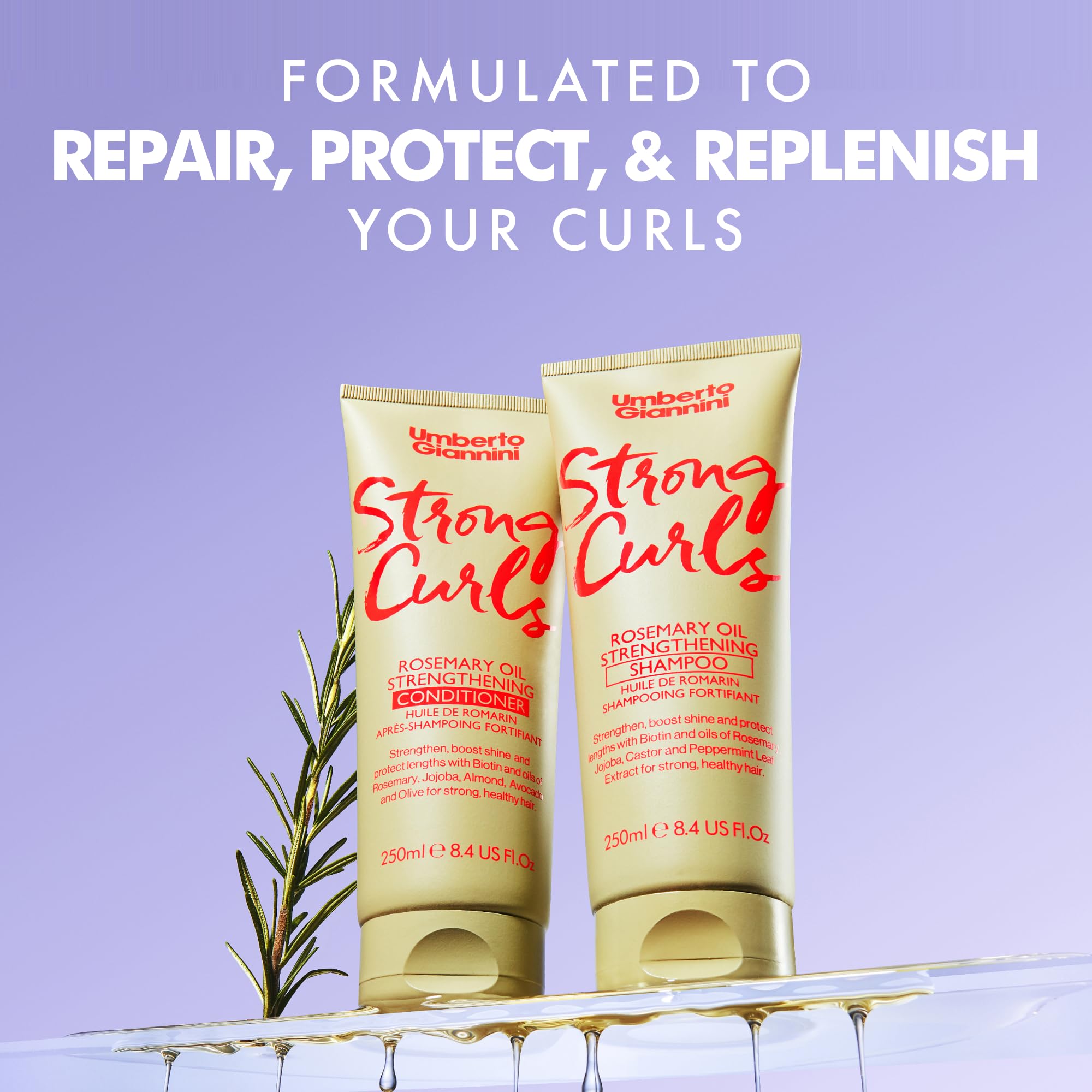 Umberto Giannini Strong Curls Rosemary Oil Shampoo & Conditioner Set - Biotin Enriched, Sulfate Free, Vegan Hair Care for Curly Hair - 250ml x 2 (Pack of 2) - Perfect for Dry, Damaged Hair & Curl Definition